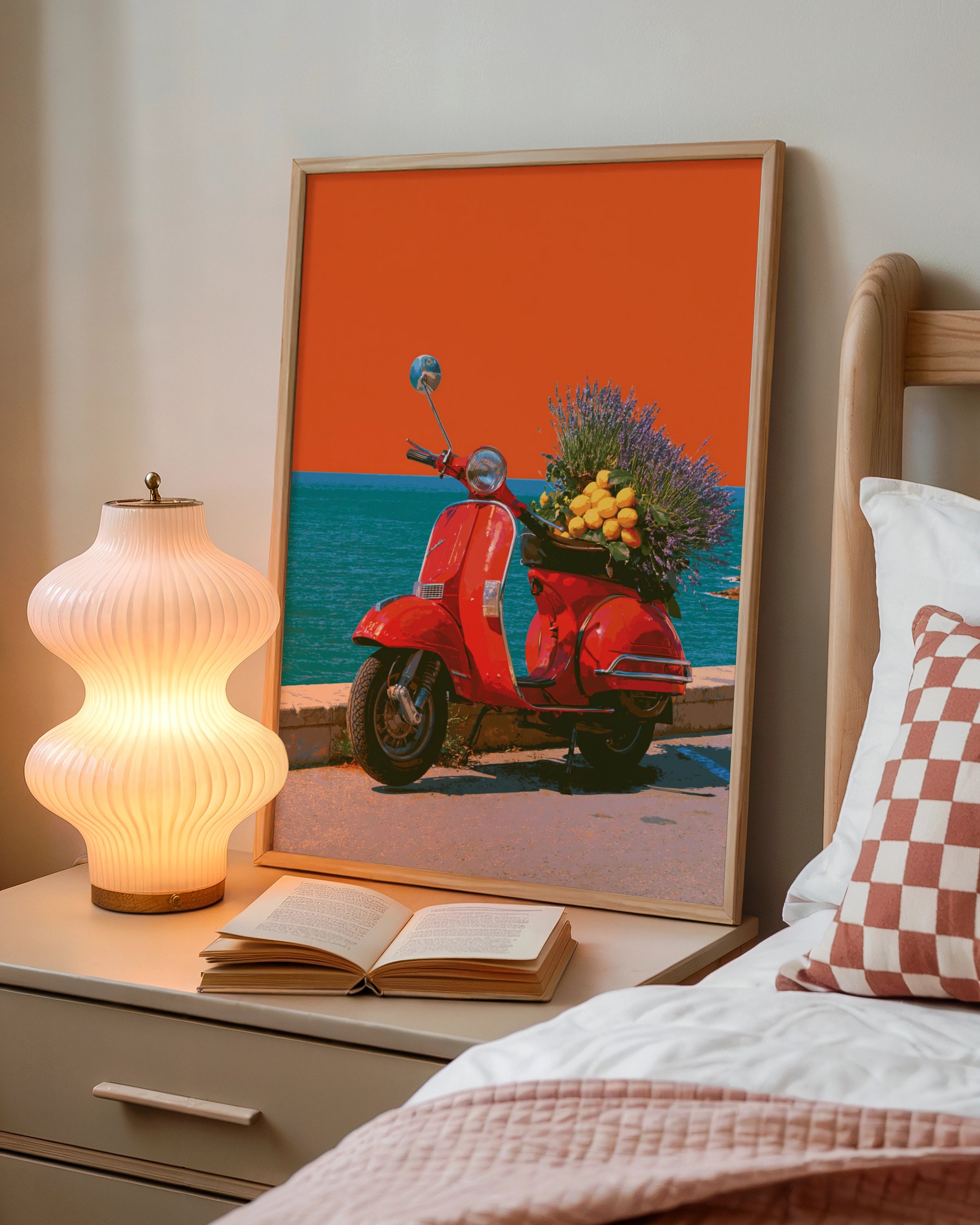 Red Vespa Lavender Lemons Sea Wall Art Poster, Italian Scooter Print