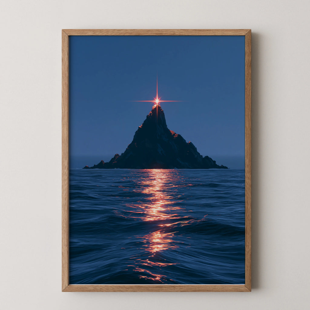 Island Star Sea Poster, Rocky Peak Ocean Night Print, Cinematic Seascape Art