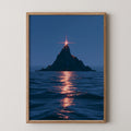 Island Star Sea Poster, Rocky Peak Ocean Night Print, Cinematic Seascape Art
