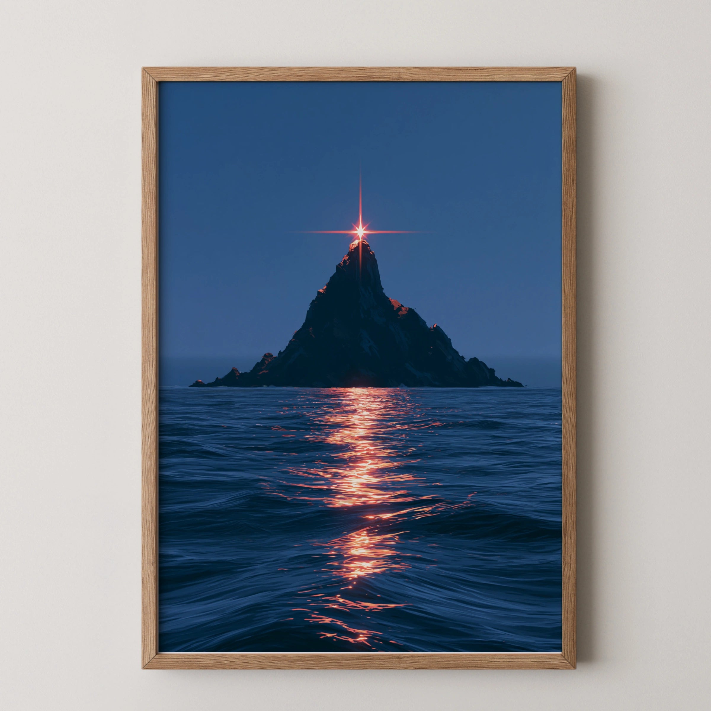 Island Star Sea Poster, Rocky Peak Ocean Night Print, Cinematic Seascape Art