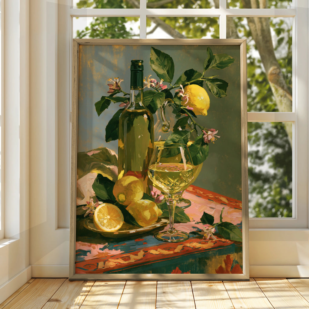 Limoncello Still Life Poster, Lemon Wine Art Print, Italian Kitchen Wall Art