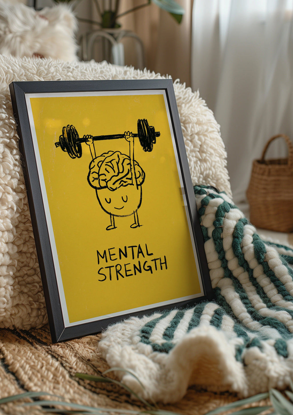 Mental Strength Brain Weightlifting Poster, Motivational Wall Art, Yellow Bold Print