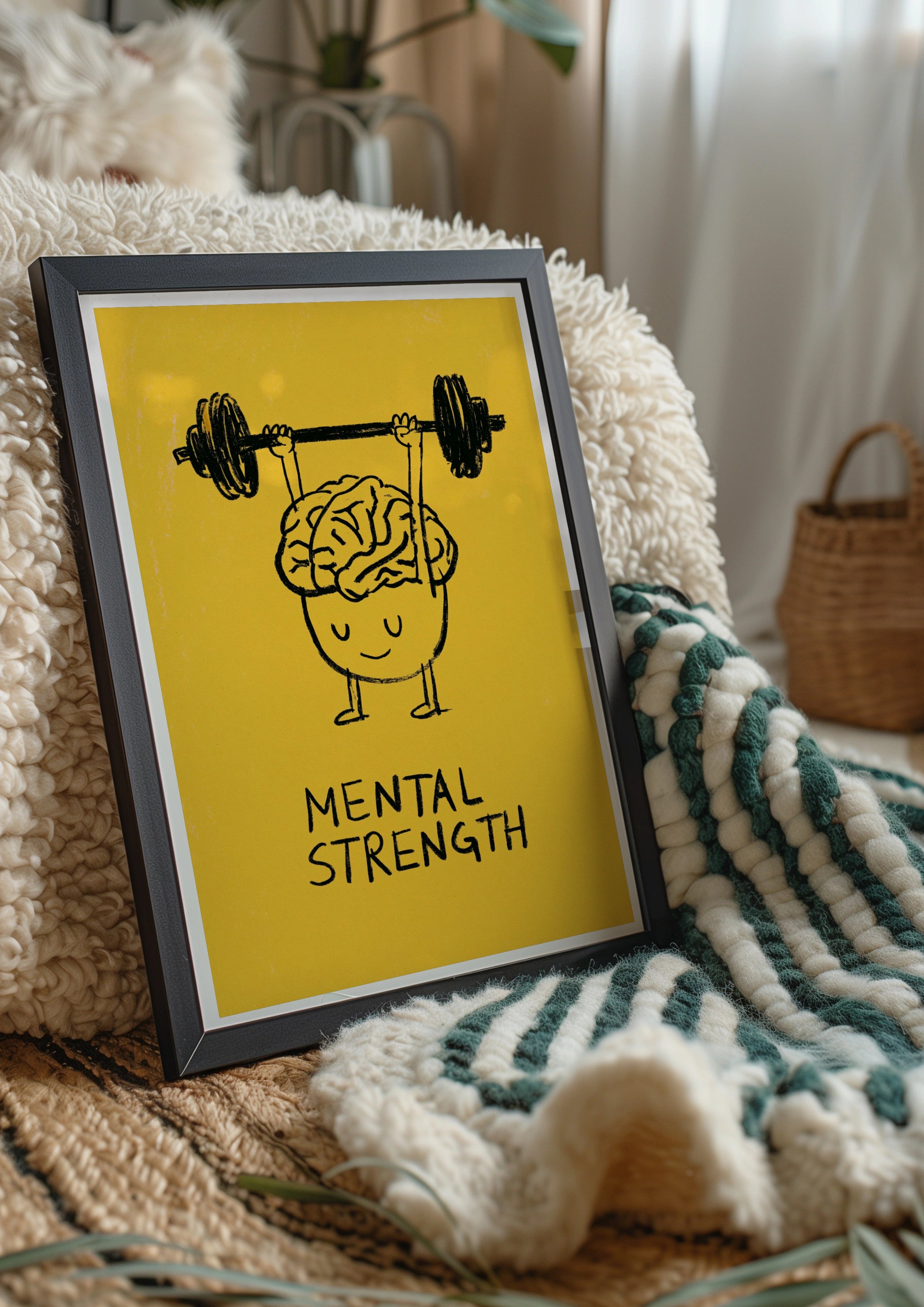 Mental Strength Brain Weightlifting Poster, Motivational Wall Art, Yellow Bold Print