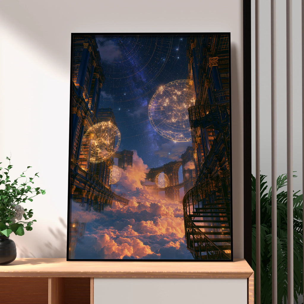 Celestial Library Sky City Poster, Fantasy Architecture Art Print, Starry Night