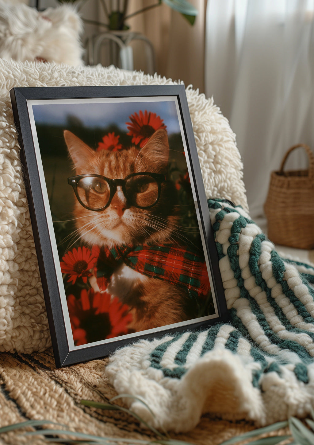 Cat Wearing Glasses Flowers Poster, Ginger Cat Wall Art, Retro Floral Print