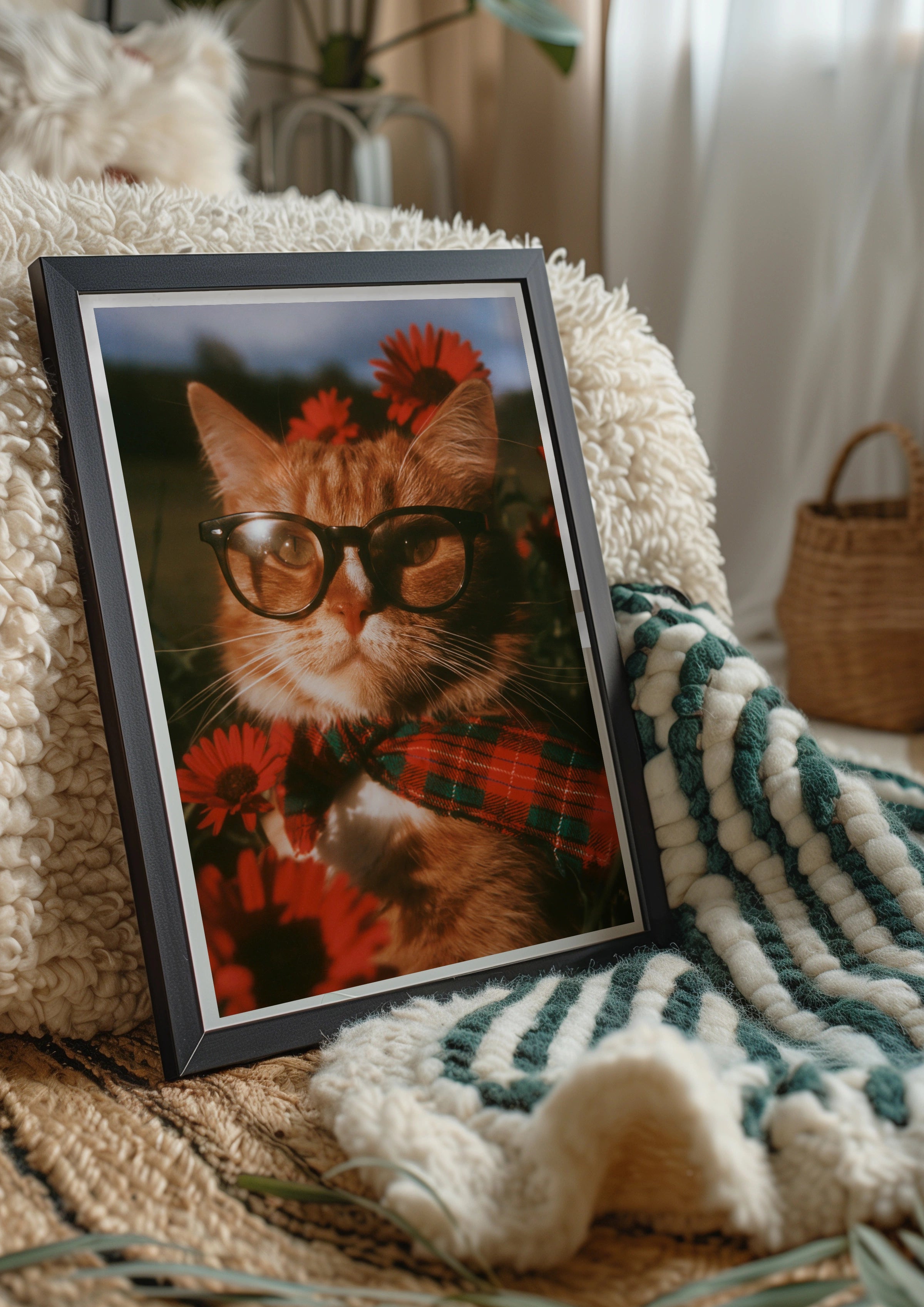 Cat Wearing Glasses Flowers Poster, Ginger Cat Wall Art, Retro Floral Print