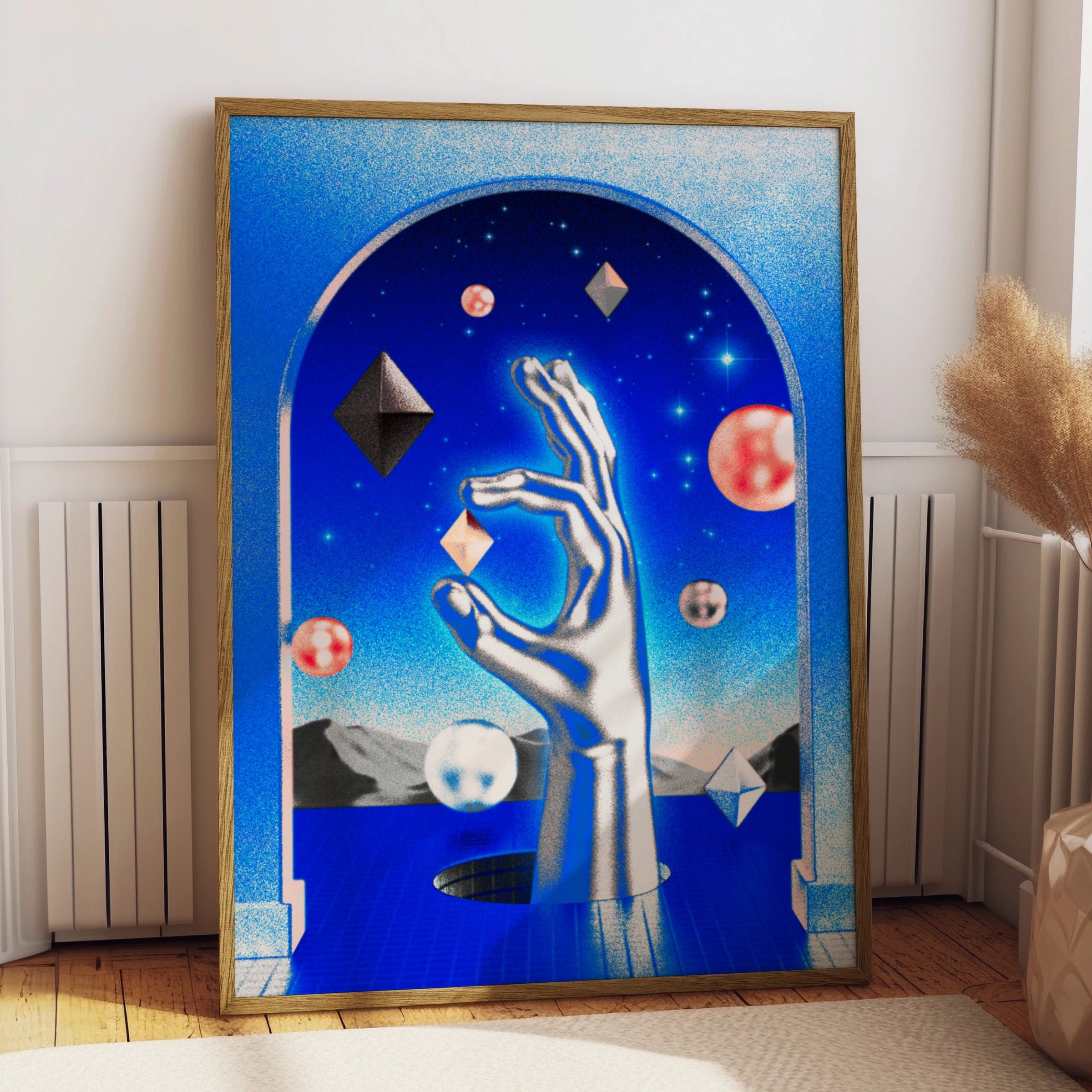Psychedelic Hand Cosmic Poster, Surreal Blue Space Wall Art, Geometric