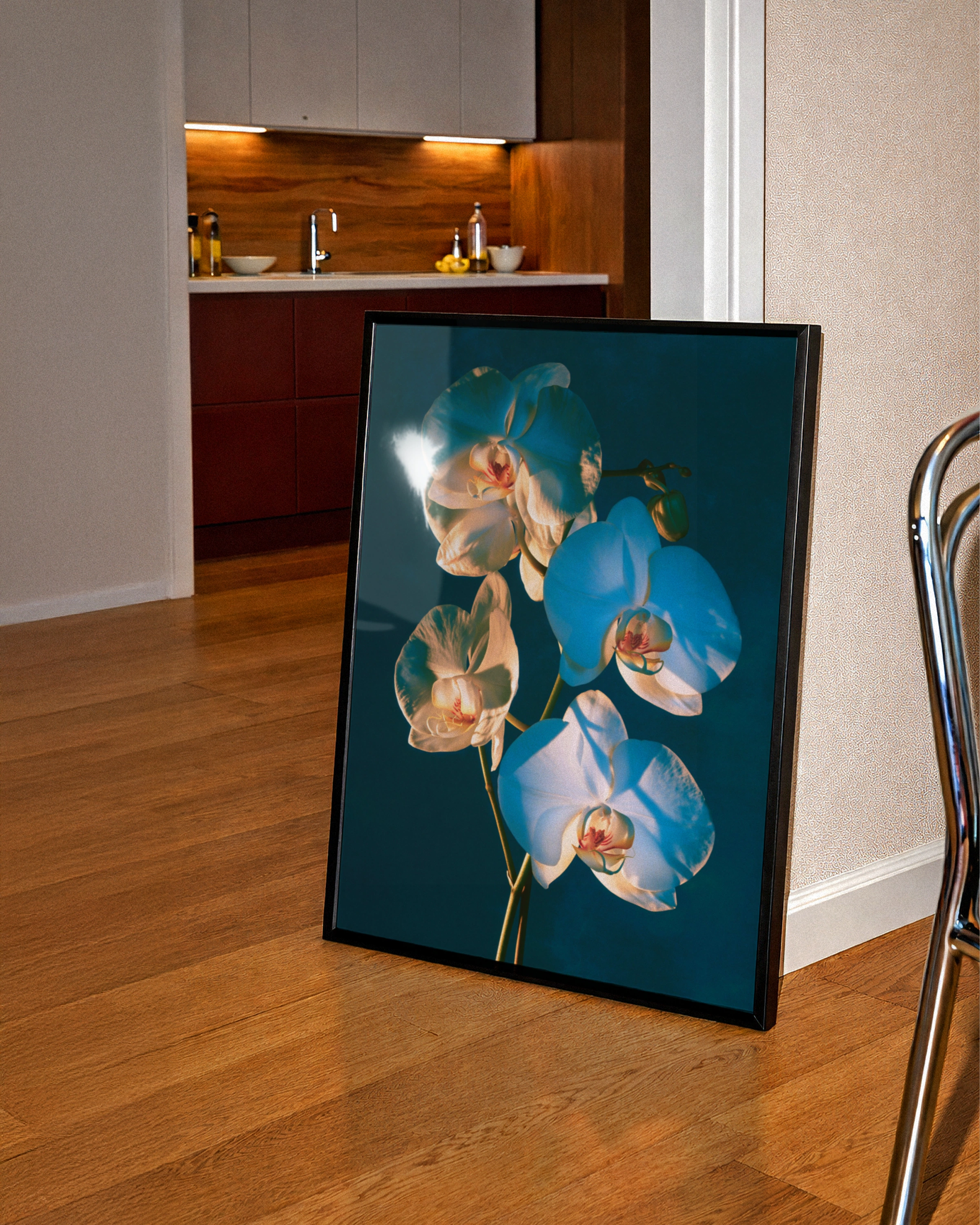 Orchid Shadow Play Botanical Poster, Teal Floral Wall Art, Moody Photo Print