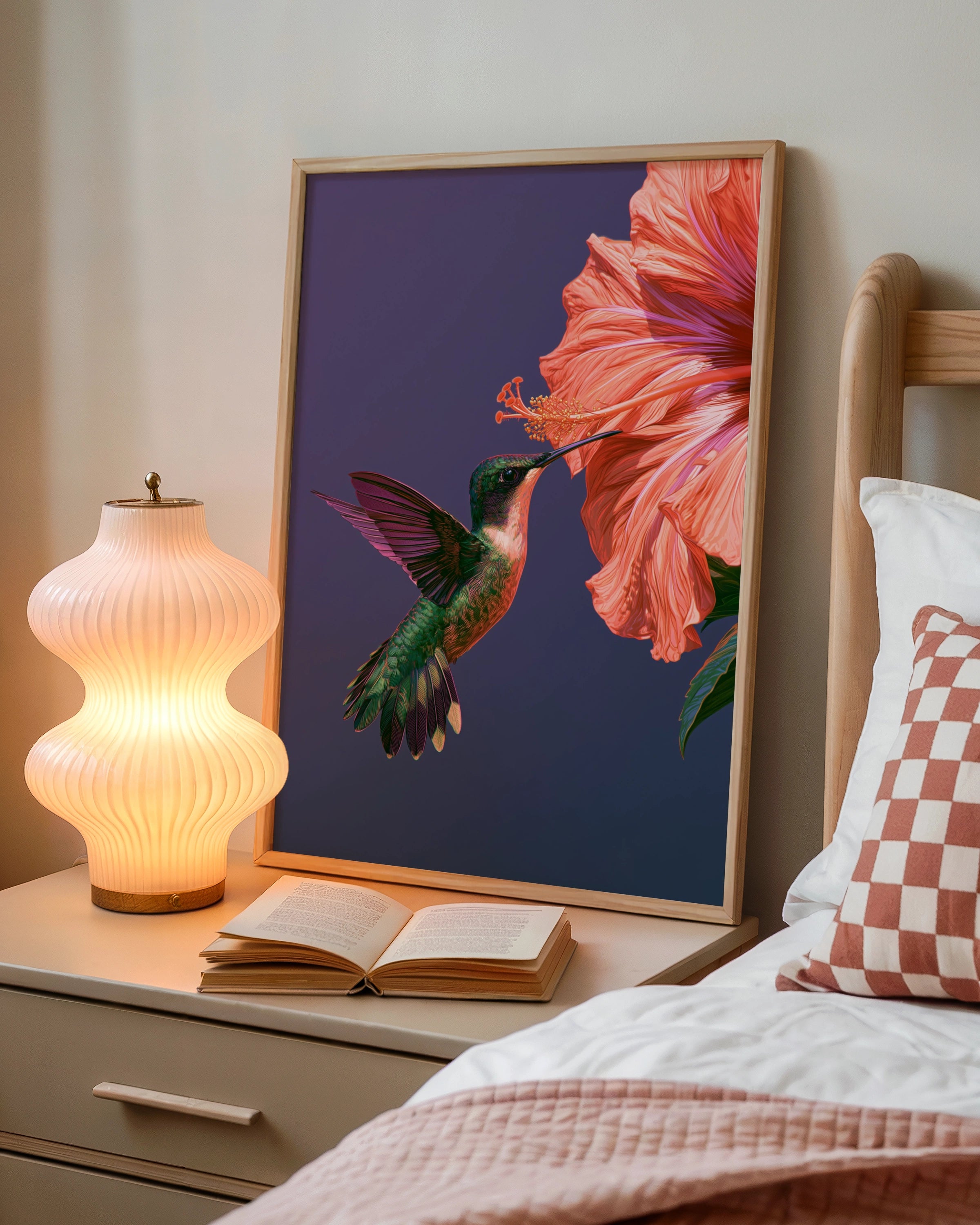 Hummingbird Hibiscus Poster, Botanical Bird Wall Art, Vibrant Illustration Print