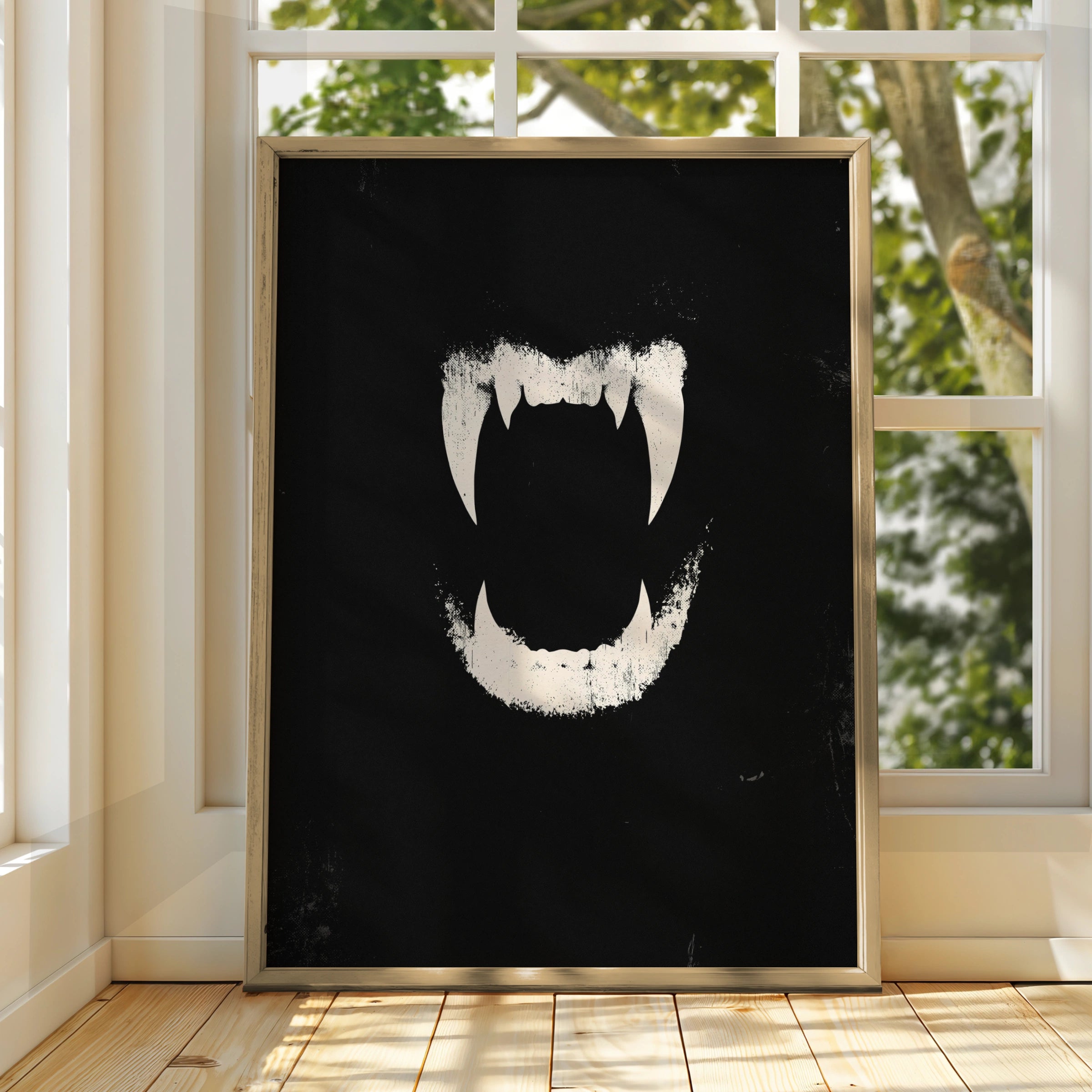 Vampire Fangs Poster, Dark Gothic Wall Art, Black White Grunge Print