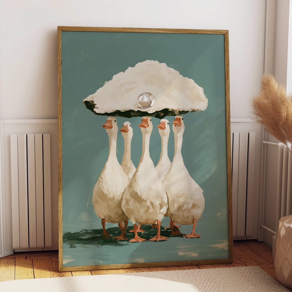 Ducks Carrying Pearl Oyster Shell Poster, Whimsical Animal Wall Art Print