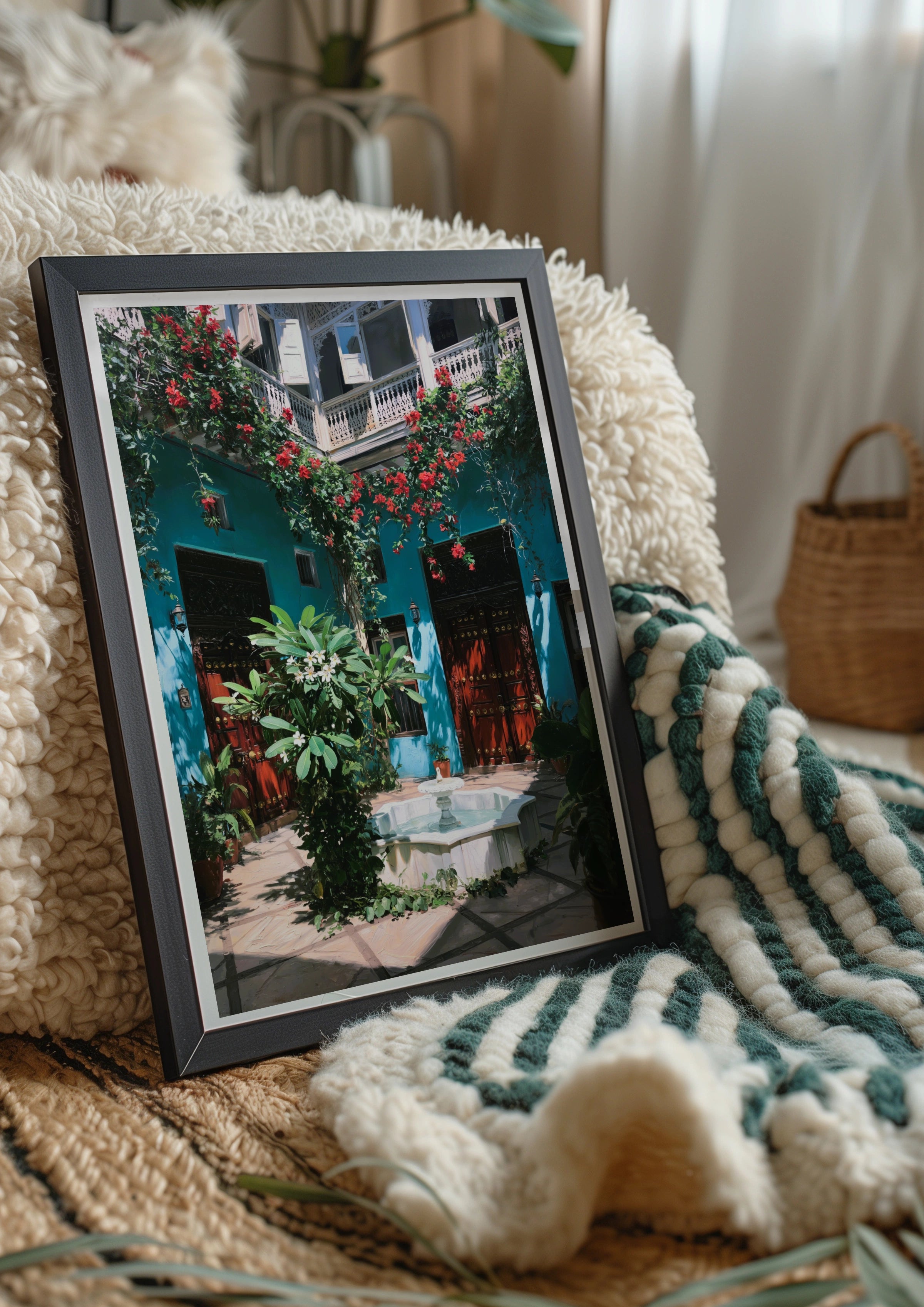 Zanzibar Courtyard Poster, Teal Riad Fountain Wall Art, Tropical Floral Print