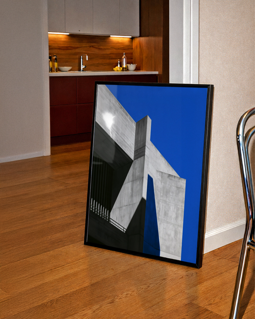 Brutalist Concrete Architecture Poster, Bold Blue Sky, Minimalist Wall Art