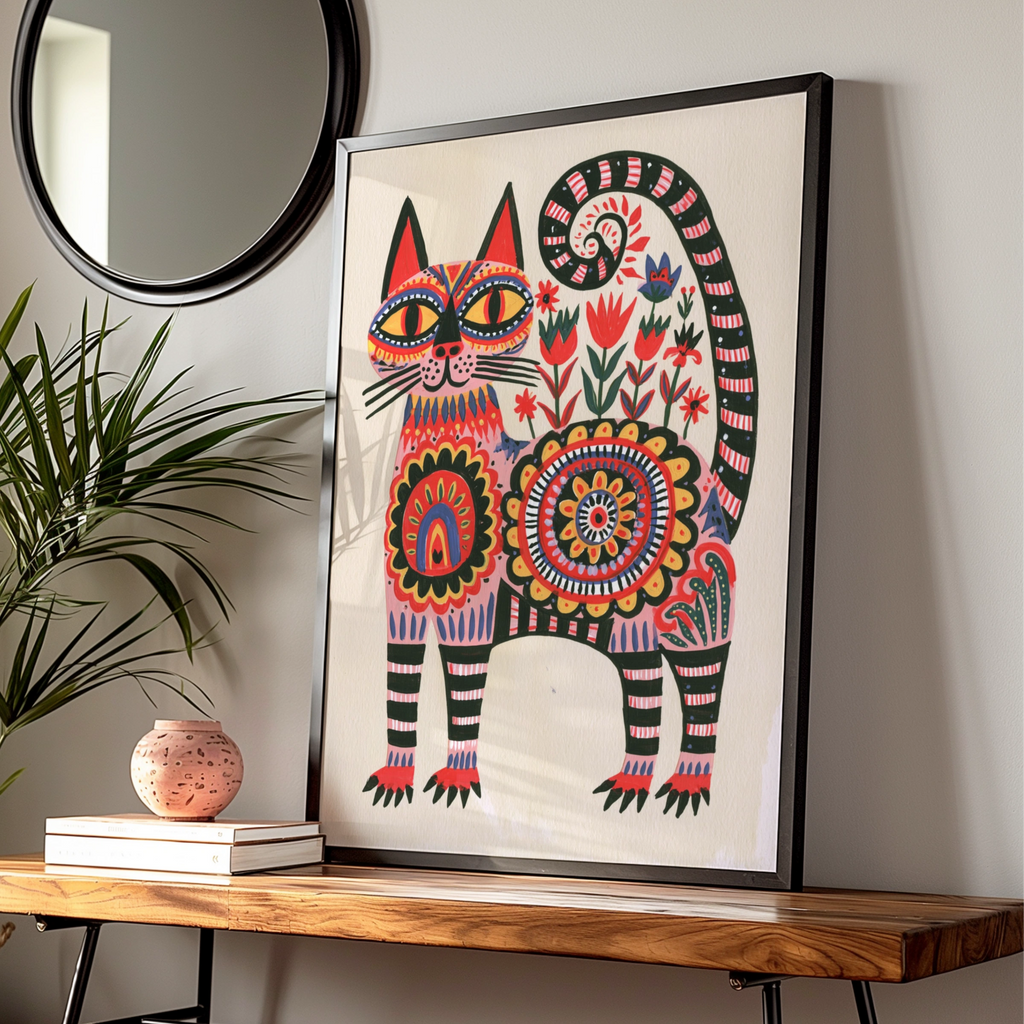 Folk Art Cat Poster, Abstract Floral Feline Print, Pink Boho Wall Art