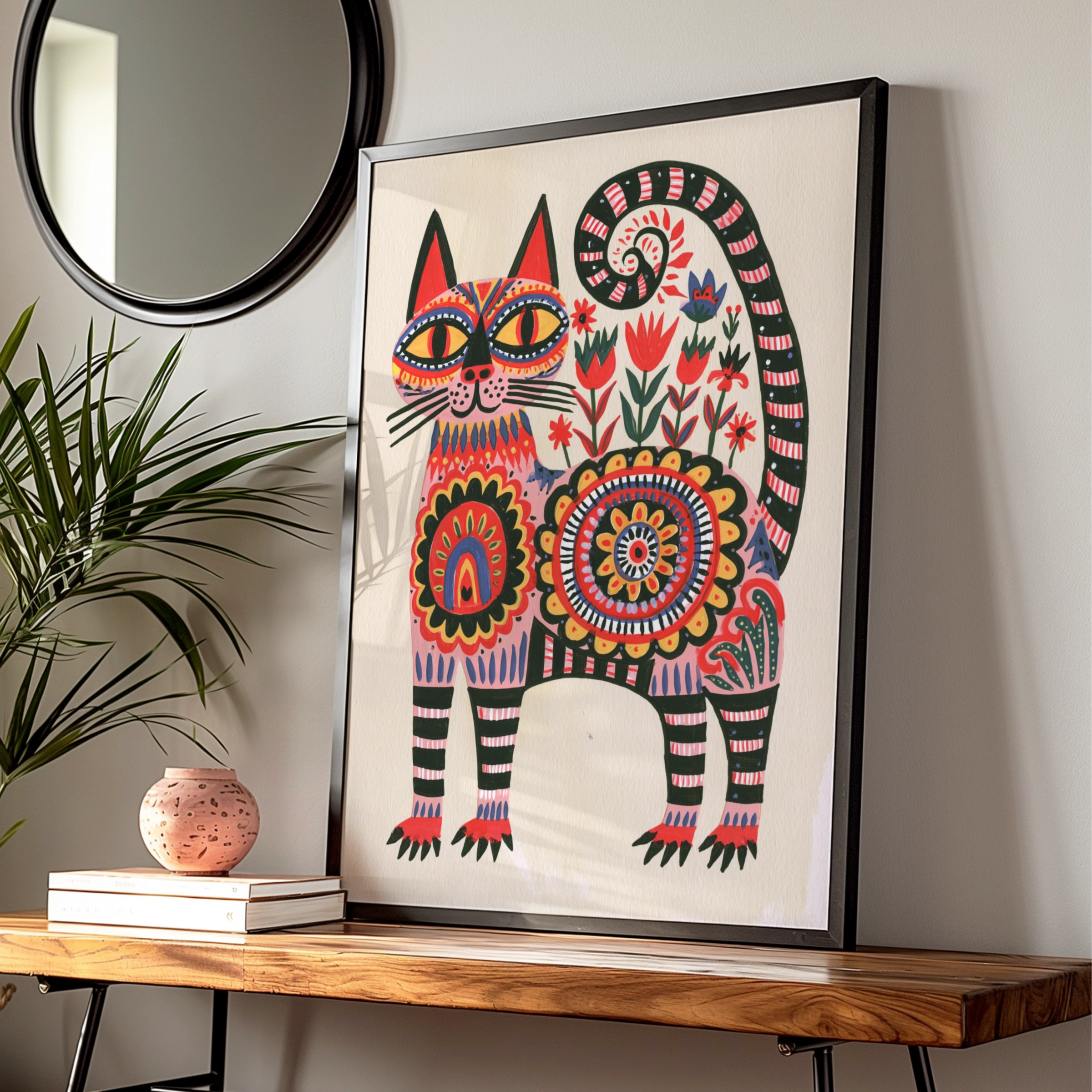 Folk Art Cat Poster, Abstract Floral Feline Print, Pink Boho Wall Art