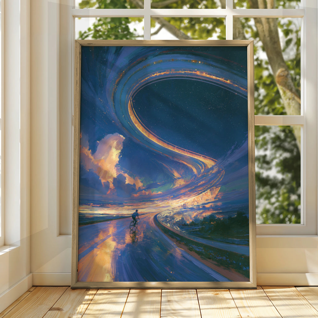 Cyclist Bicycle Path Sky Portal Poster, Surreal Fantasy Art Print, Blue Gold