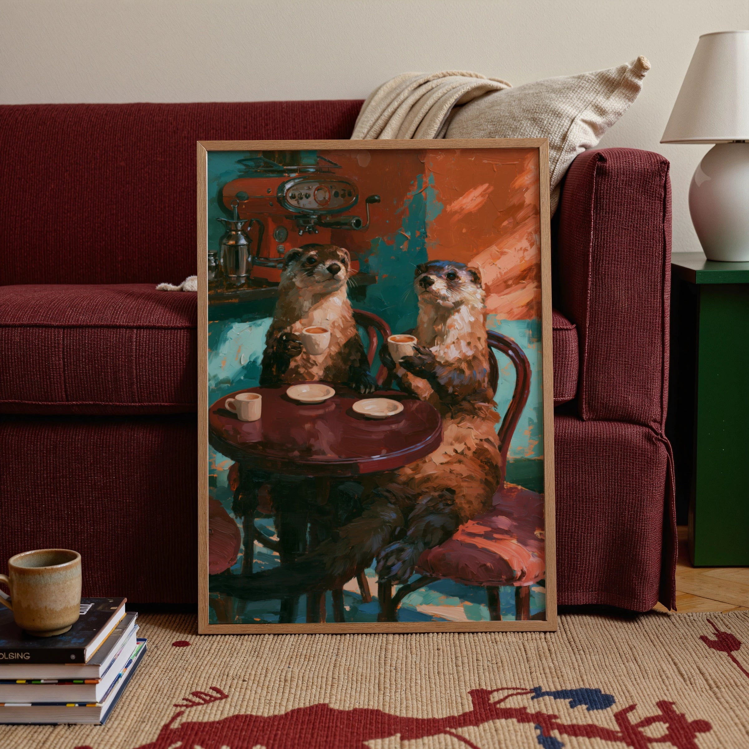 Otters Drinking Coffee Poster, Cafe Scene Wall Art, Oil Painting Style Print