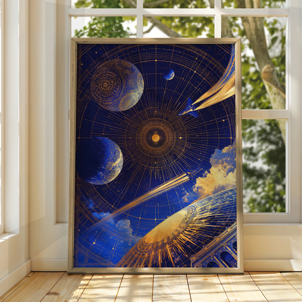Celestial Space Sky Poster, Blue Gold Galaxy Print, Cosmic Art