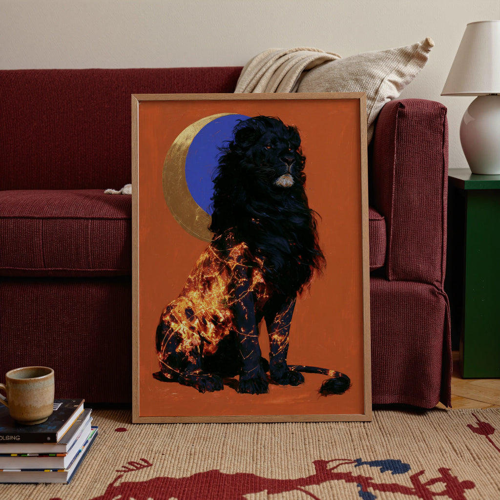 Black Lion Moon Wall Art Poster, Celestial Wildlife Print, Bold Red Gold