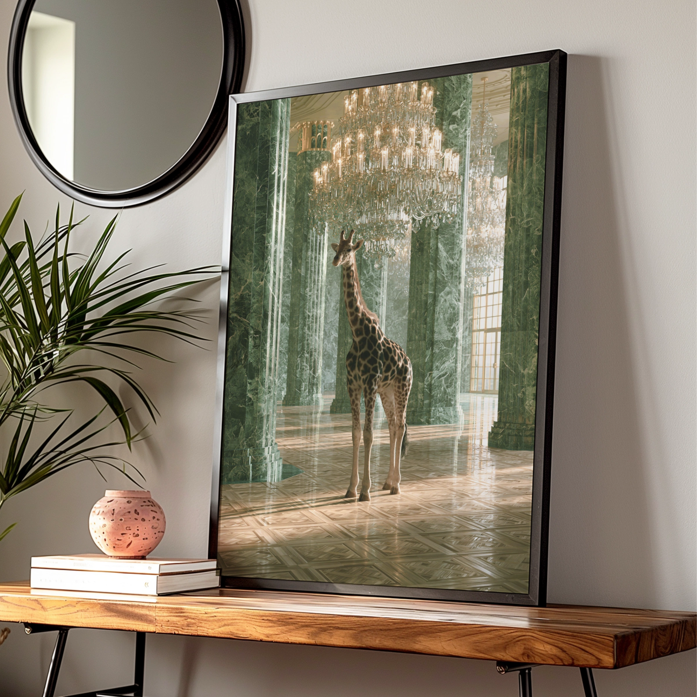 Giraffe in Grand Marble Hall, Crystal Chandelier Poster, Surreal Animal Art