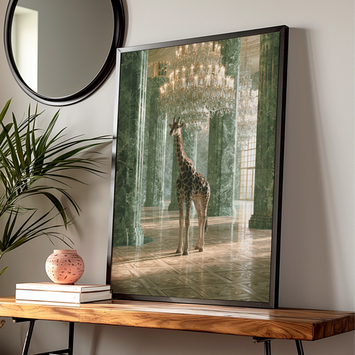Giraffe in Grand Marble Hall, Crystal Chandelier Poster, Surreal Animal Art
