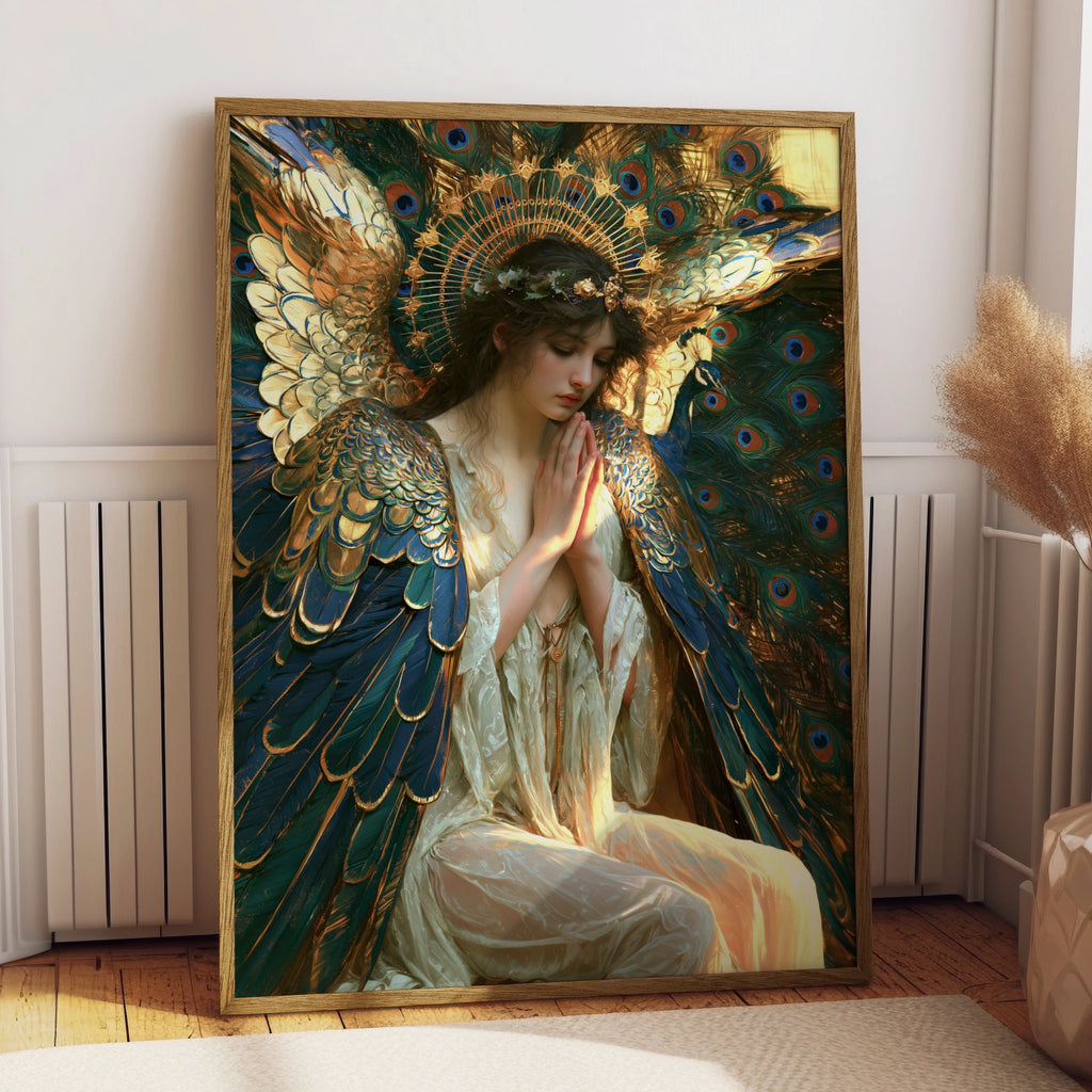 Angel Peacock Feather Wings Wall Art Poster, Pre-Raphaelite Style Print