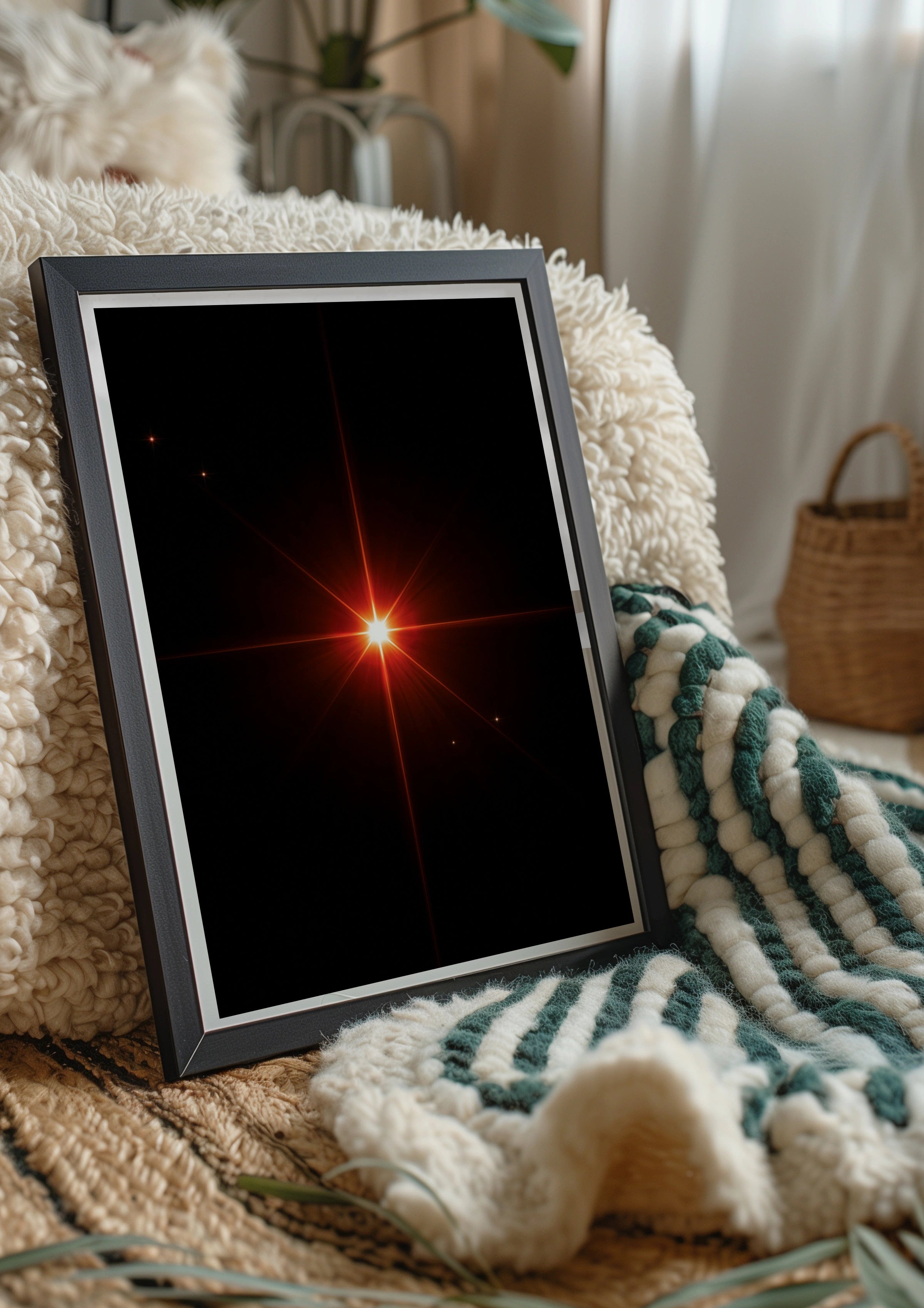 Red Star Burst Wall Art Poster, Dark Space Glow Print, Minimalist Cosmic