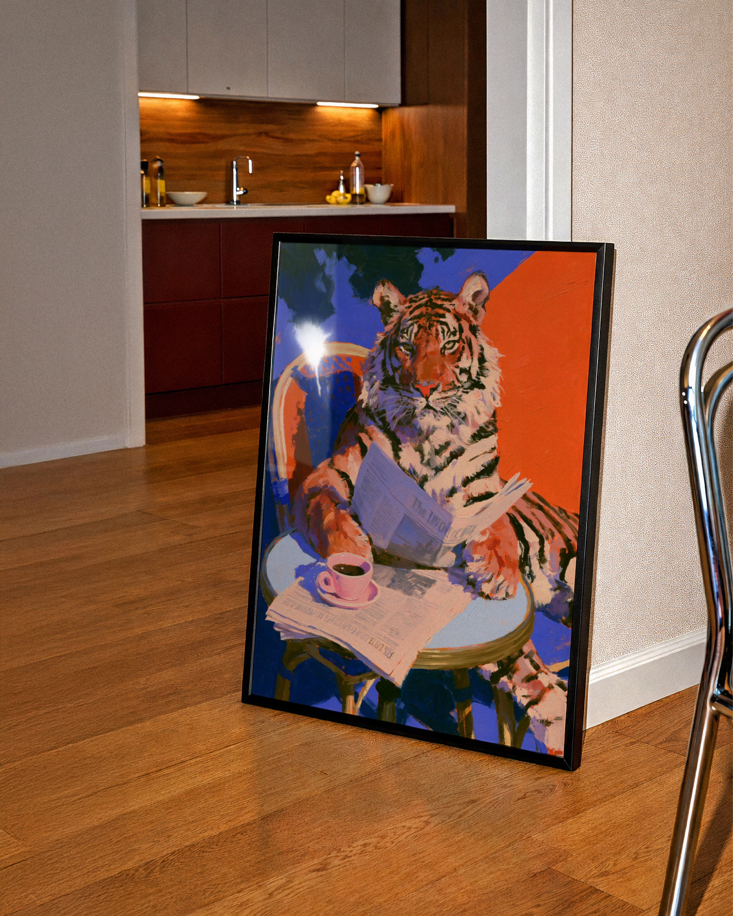 Tiger Reading Newspaper Coffee Table Poster, Bold Colourful Animal Art Print