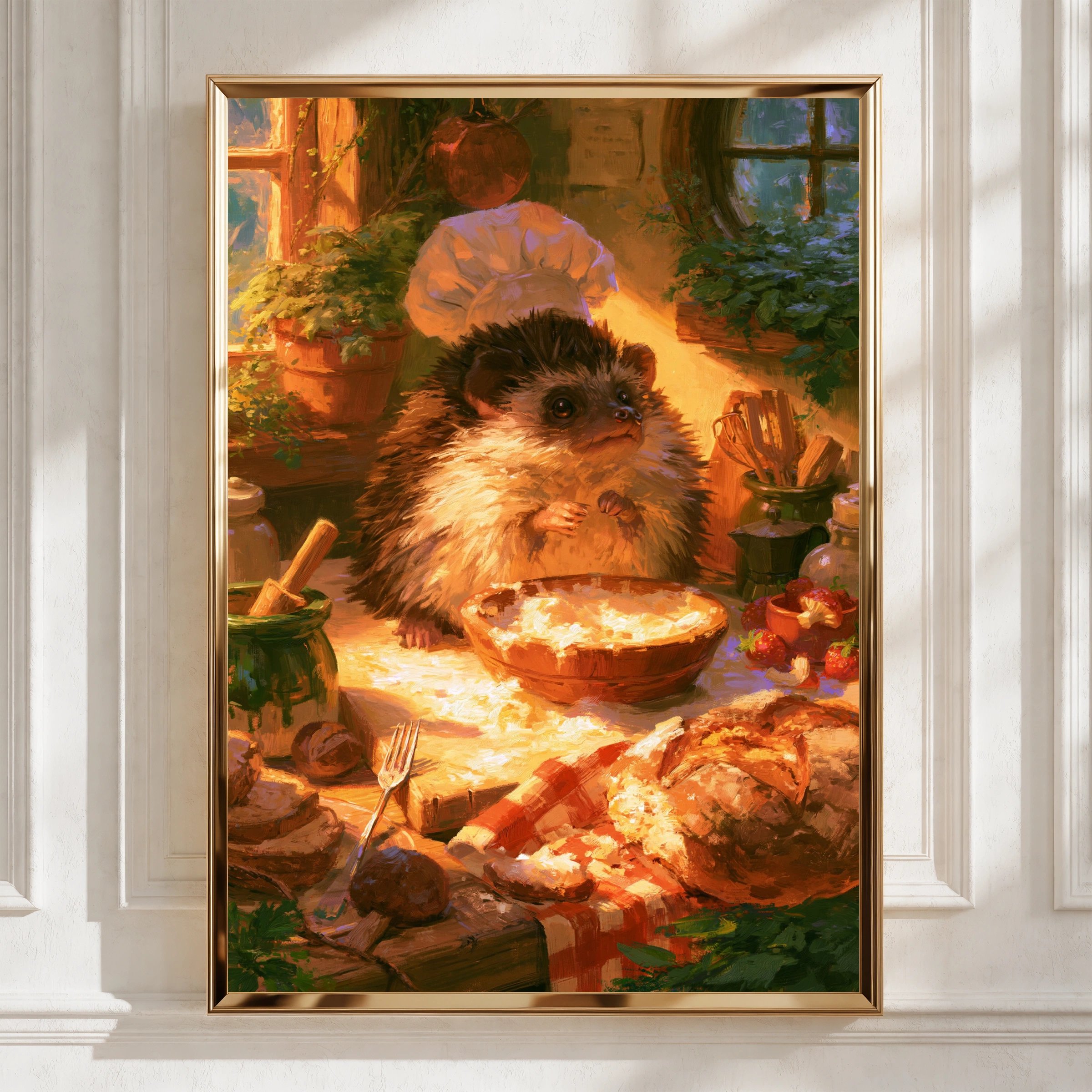 Hedgehog Bakery Kitchen Poster, Cute Animal Chef Art Print, Cosy Cottagecore