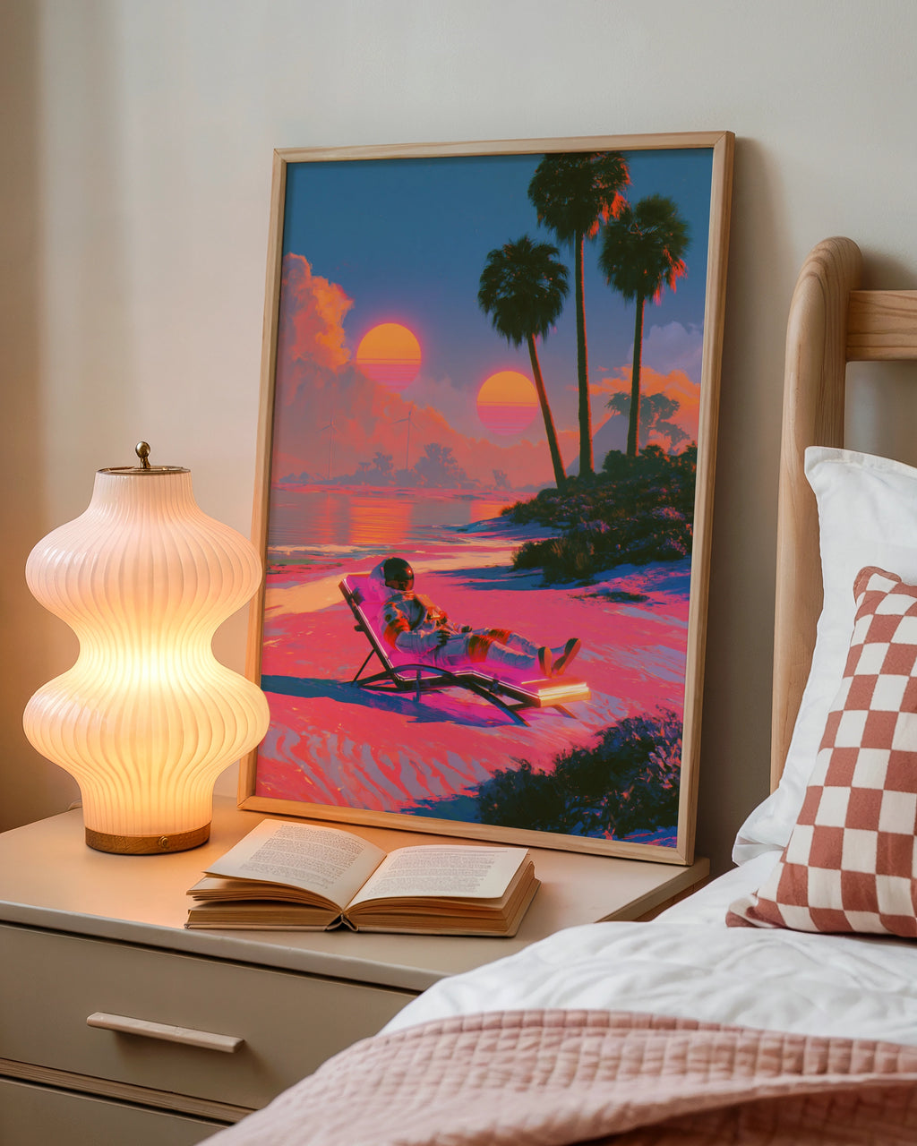 Astronaut on Sun Lounger Beach Poster, Retro Sci-Fi Wall Art, Vaporwave Print