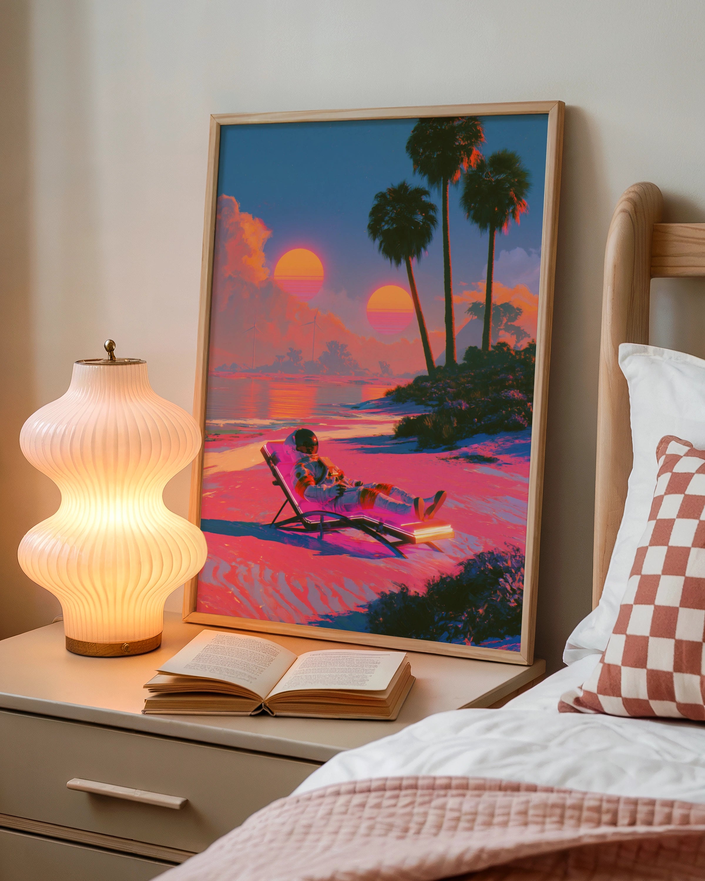 Astronaut on Sun Lounger Beach Poster, Retro Sci-Fi Wall Art, Vaporwave Print
