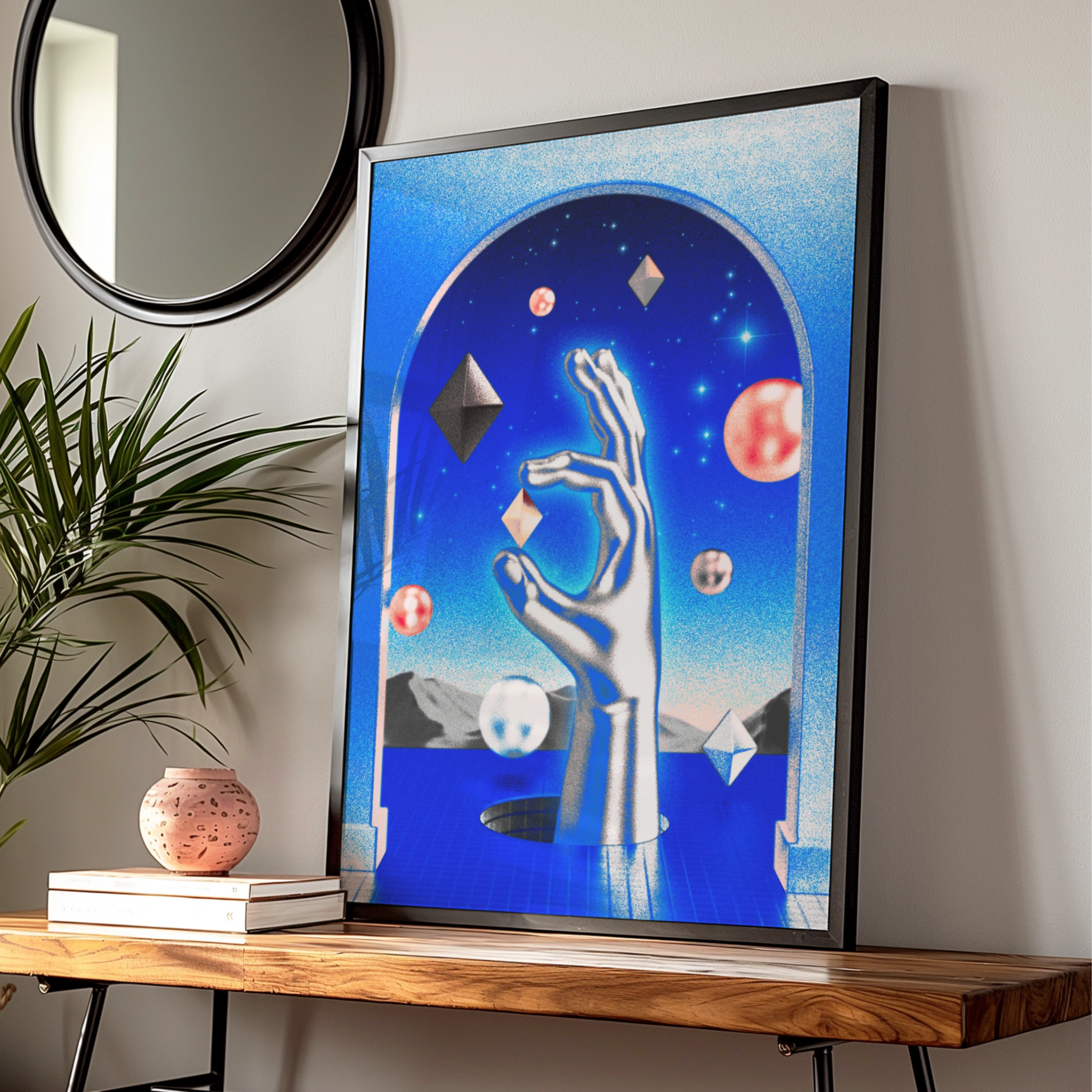Psychedelic Hand Cosmic Poster, Surreal Blue Space Wall Art, Geometric