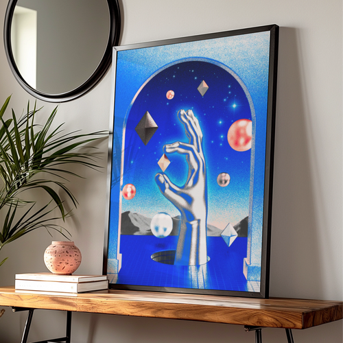 Psychedelic Hand Cosmic Poster, Surreal Blue Space Wall Art, Geometric