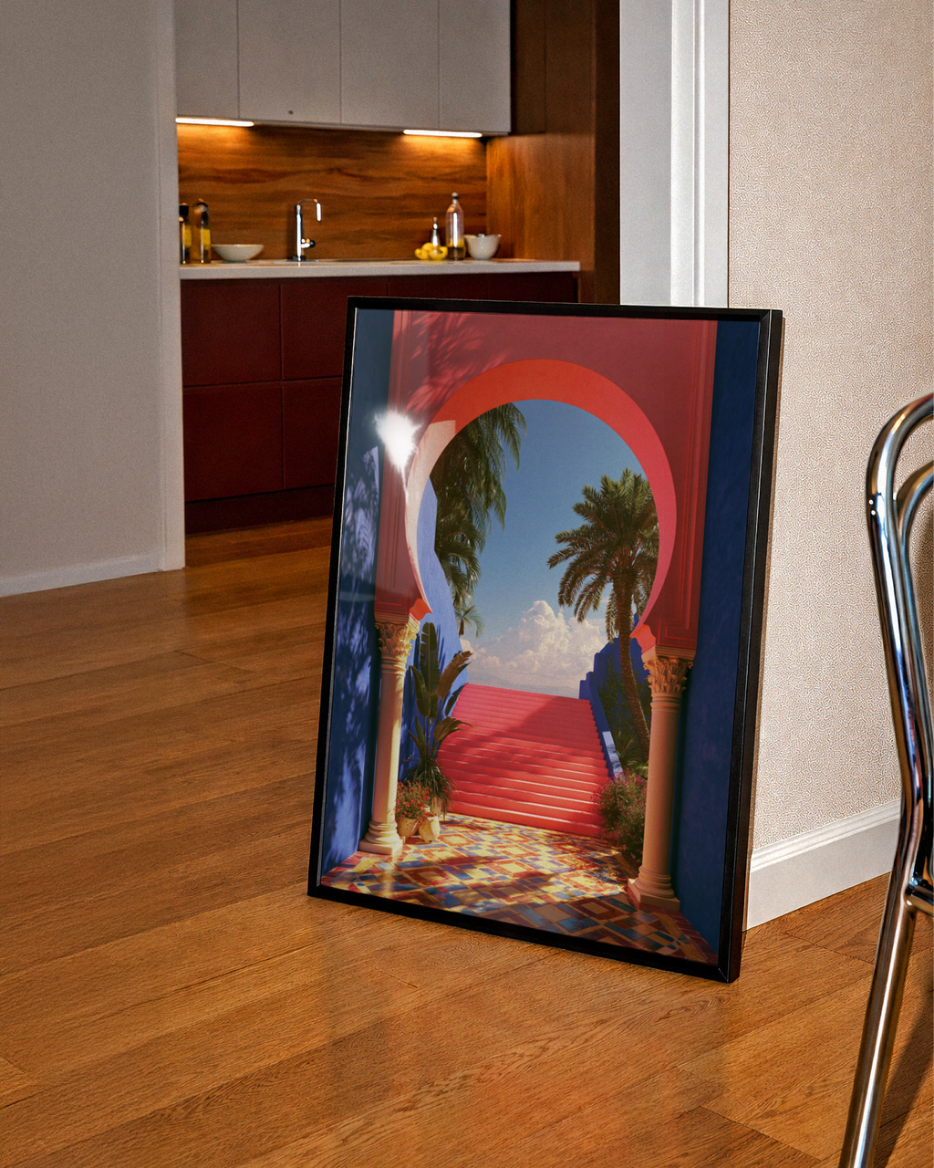 Moroccan Archway Palm Trees Poster, Red Blue Architecture Wall Art Print