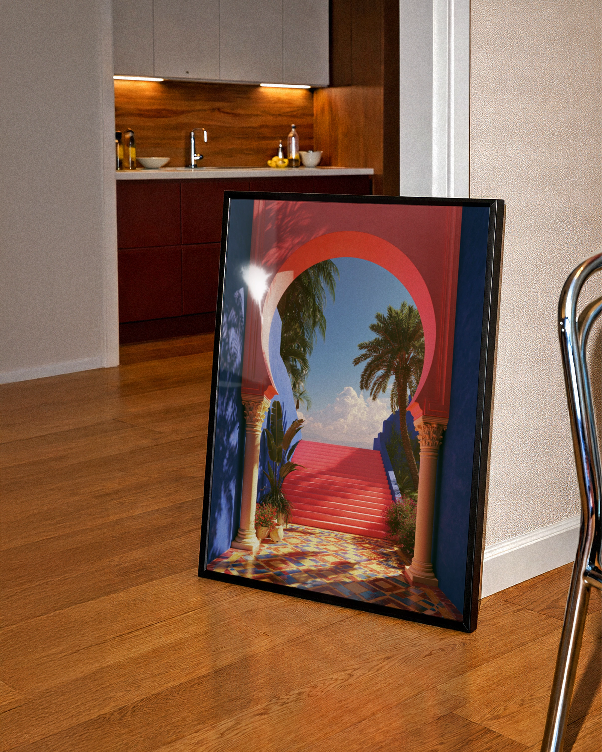 Moroccan Archway Palm Trees Poster, Red Blue Architecture Wall Art Print