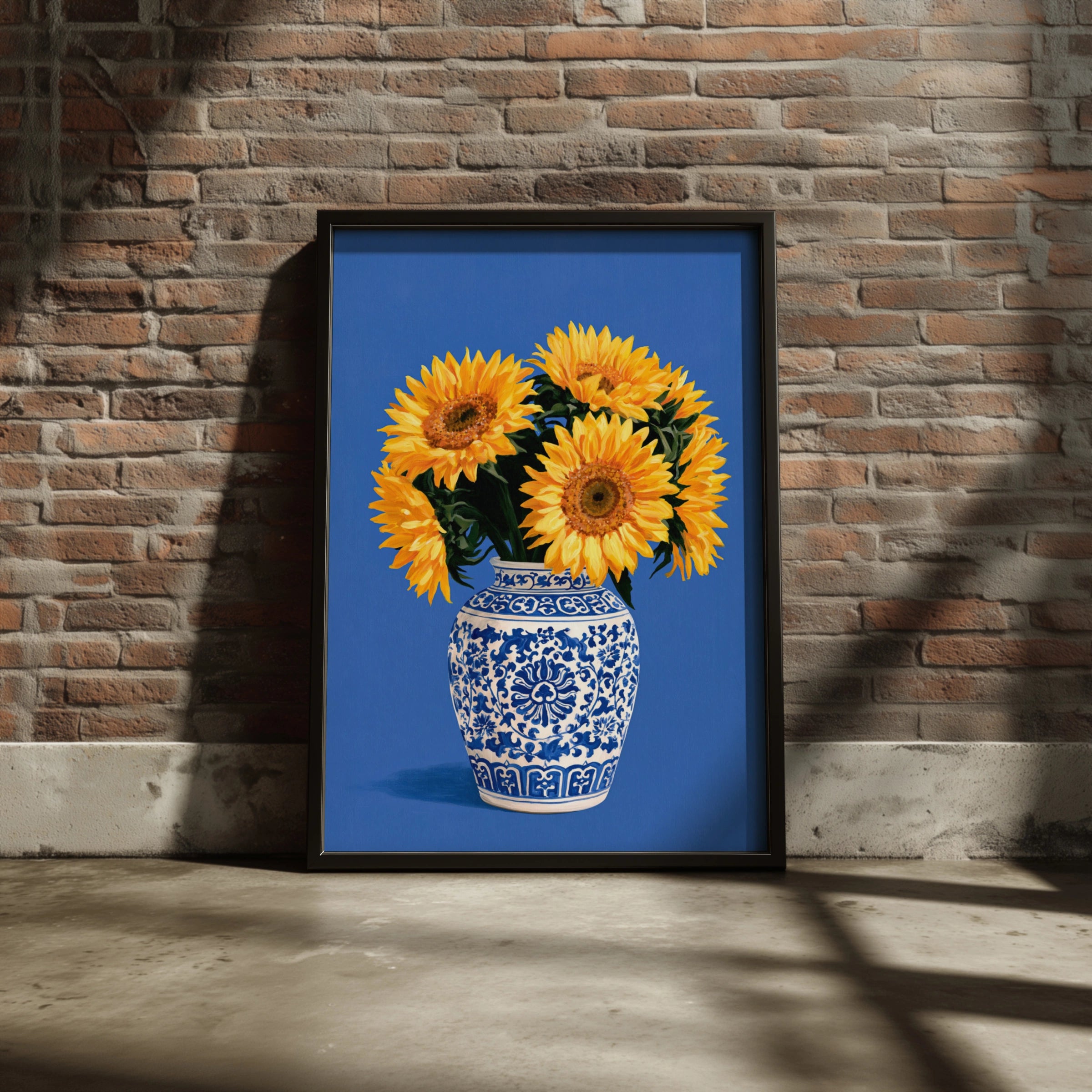 Sunflowers in Porcelain Vase Poster, Blue White Chinoiserie Floral Wall Art