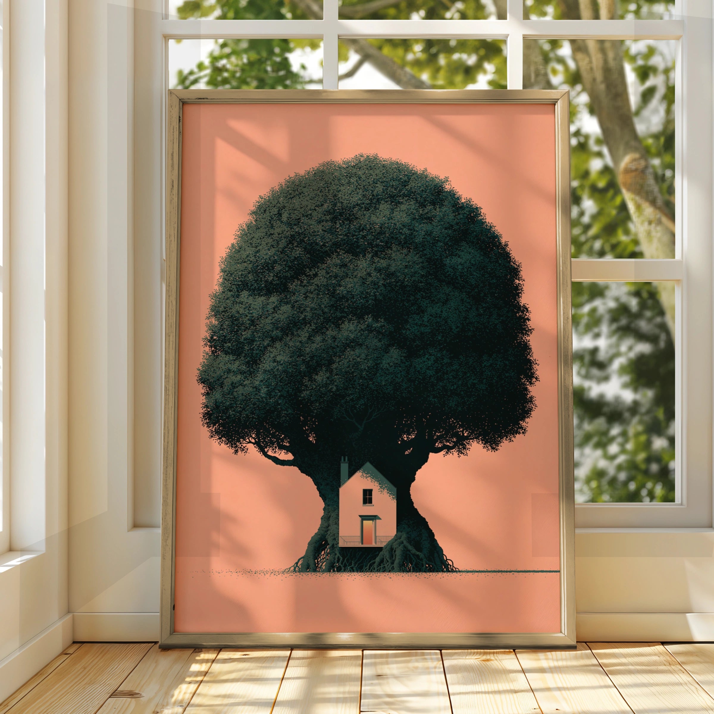 Giant Tree House Poster, Minimalist Nature Art Print, Peach Orange Wall Decor