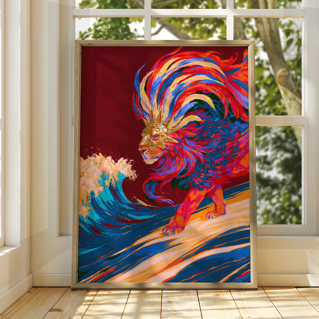 Divine Lion God Poster, Mythical Beast Wave Art, Bold Colourful Print