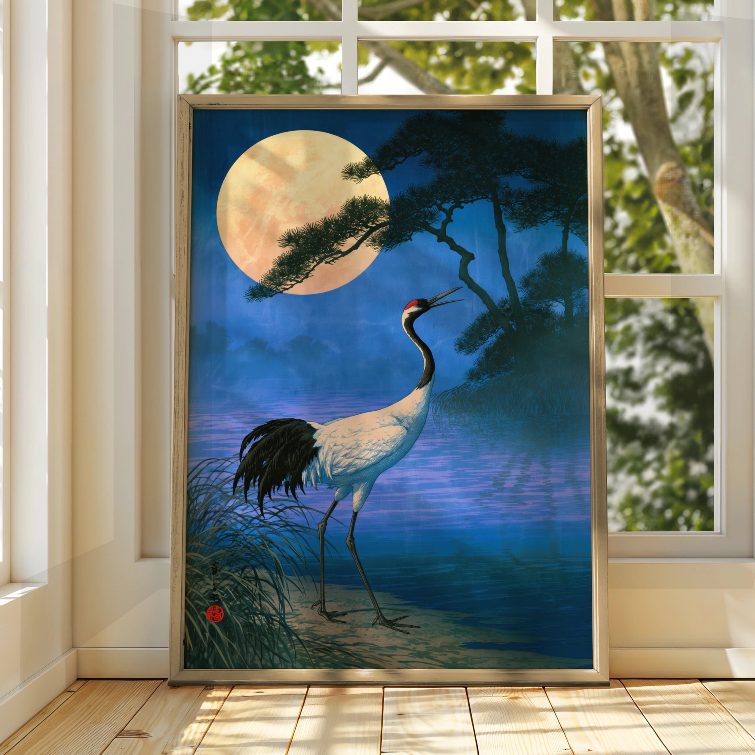 Japanese Crane Full Moon Poster, Ukiyo-e Style Wall Art, Foggy Night Print