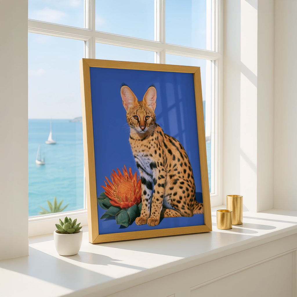Serval Cat Protea Flower Poster, Bold Blue Wildlife Wall Art Print