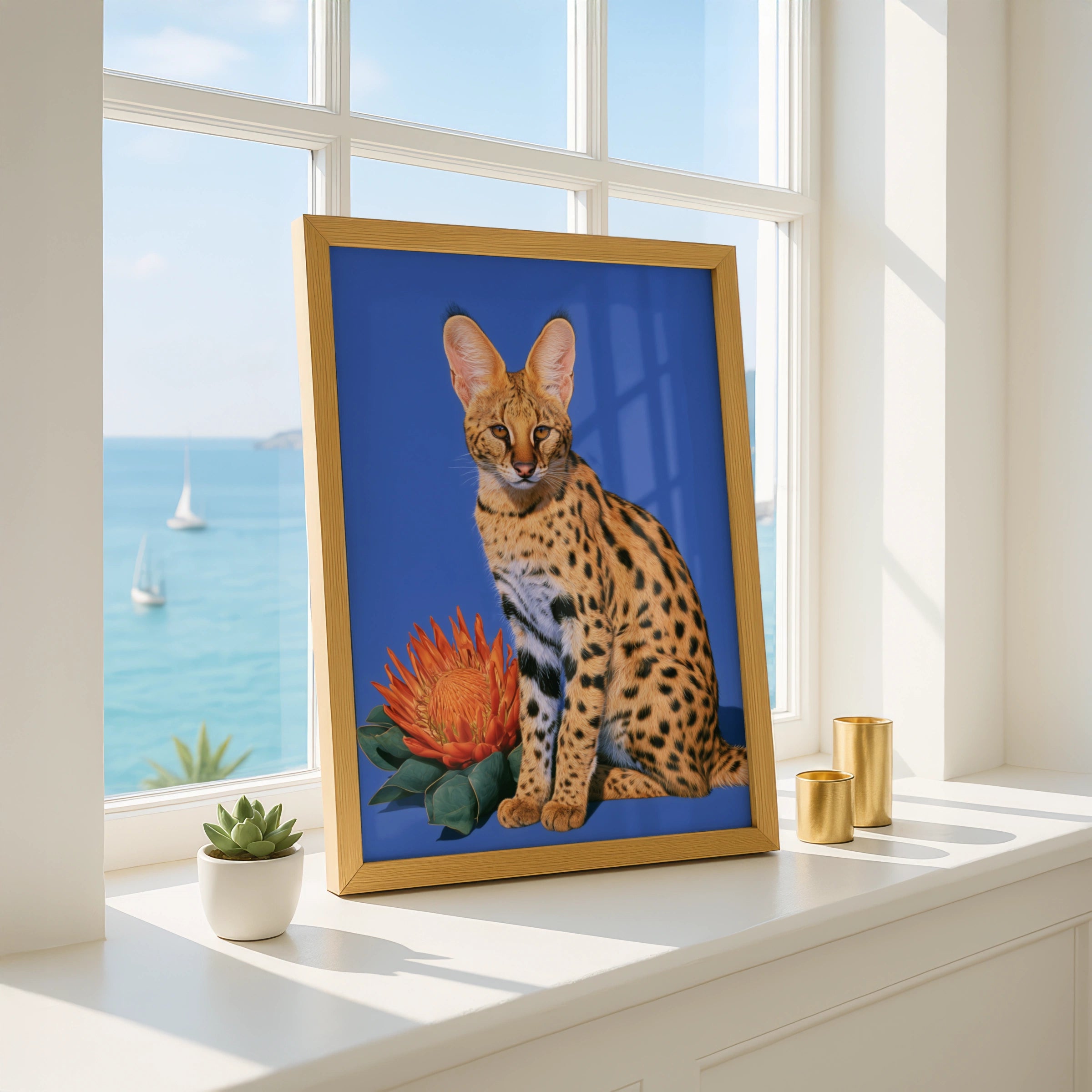 Serval Cat Protea Flower Poster, Bold Blue Wildlife Wall Art Print