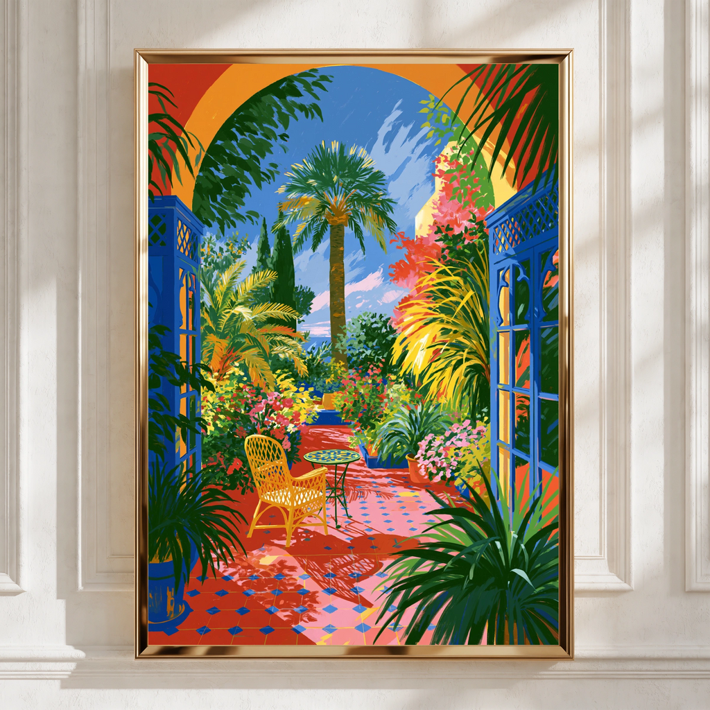 Courtyard Flowers Palms Poster, Moroccan Garden Wall Art, Colourful Botanical Print