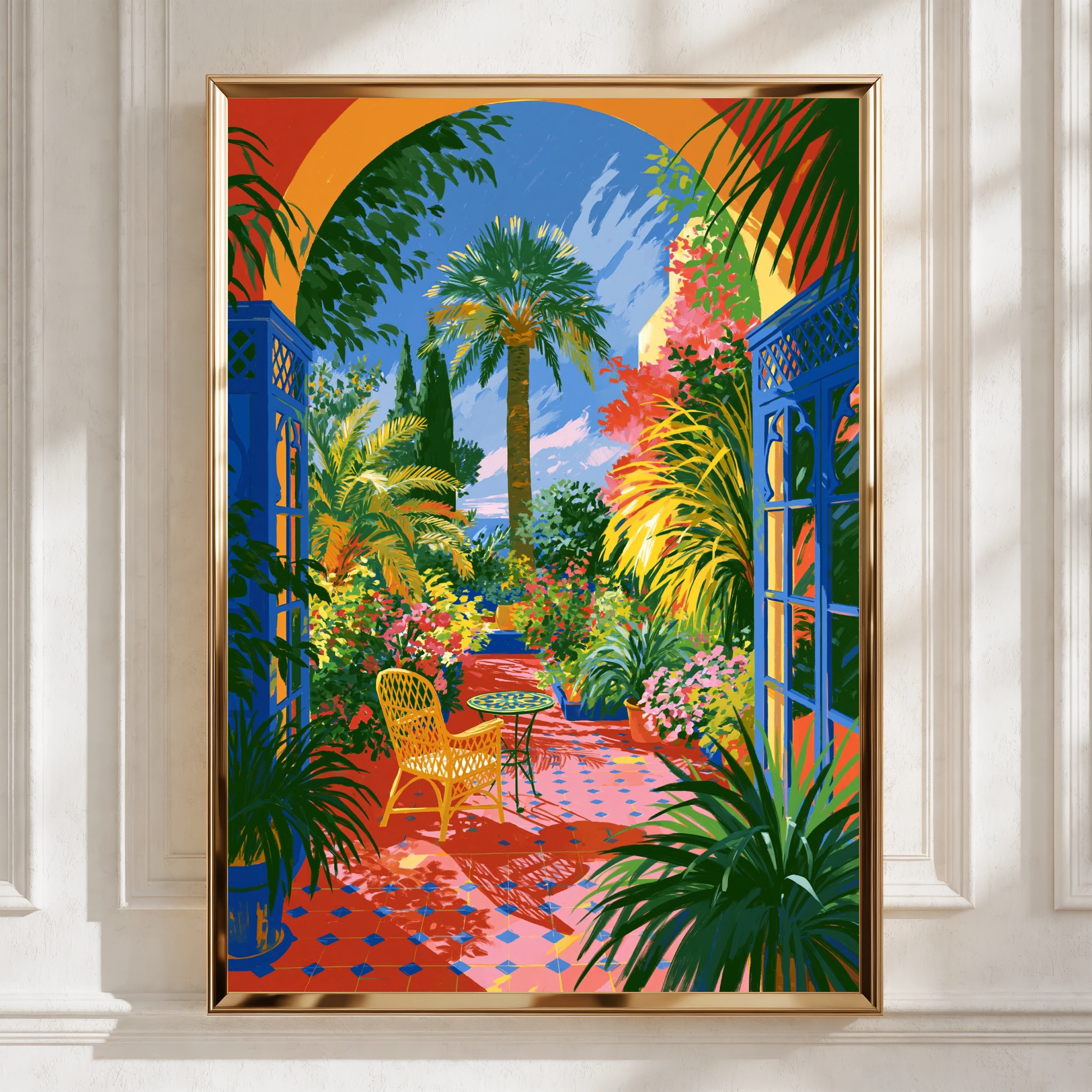 Courtyard Flowers Palms Poster, Moroccan Garden Wall Art, Colourful Botanical Print