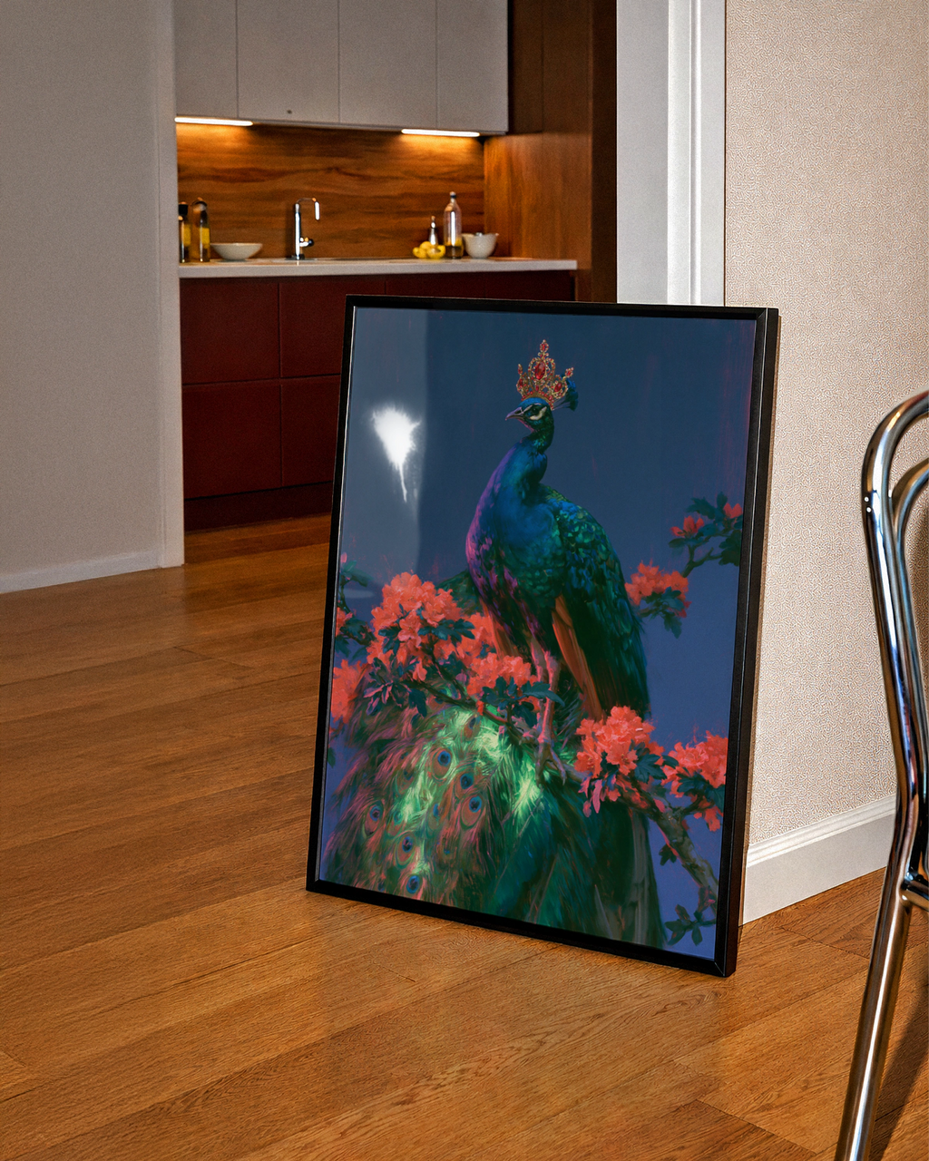 Crowned Peacock Wall Art Poster, Royal Bird Print, Dark Floral Botanical