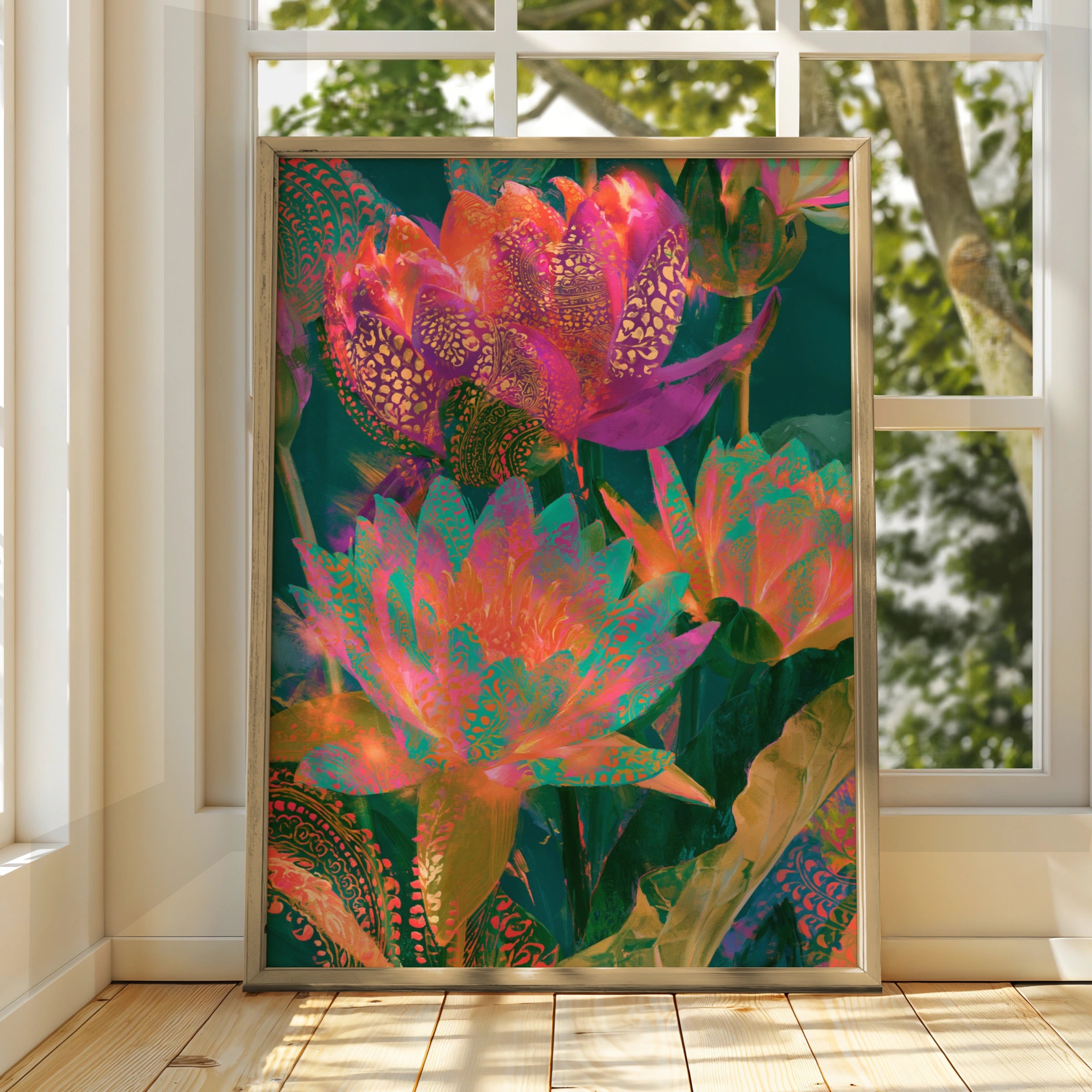 Abstract Glowing Lotus Flowers Poster, Vibrant Botanical Wall Art Print