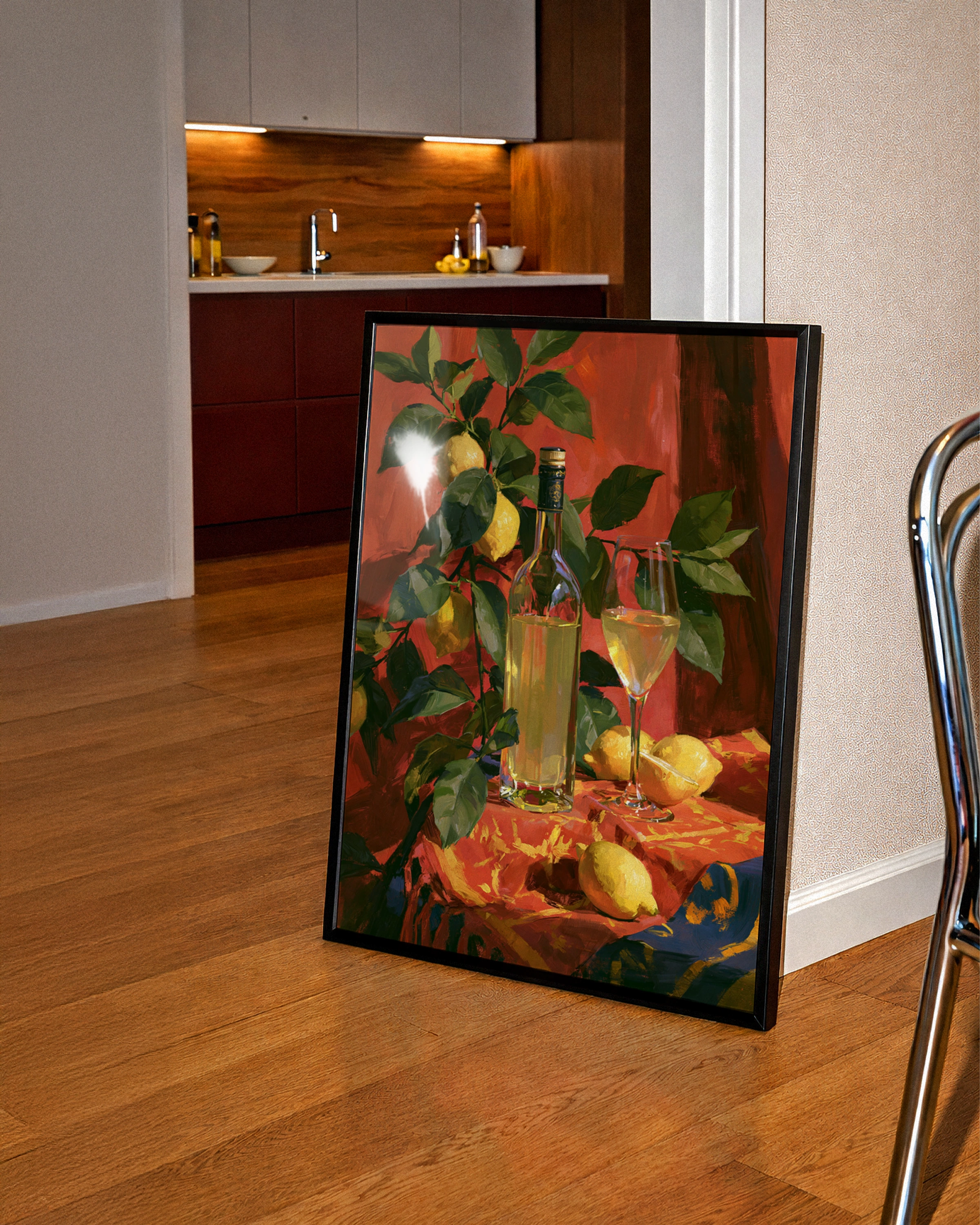 Limoncello Still Life Poster, Lemon Tree Red Table, Italian Oil Painting Style