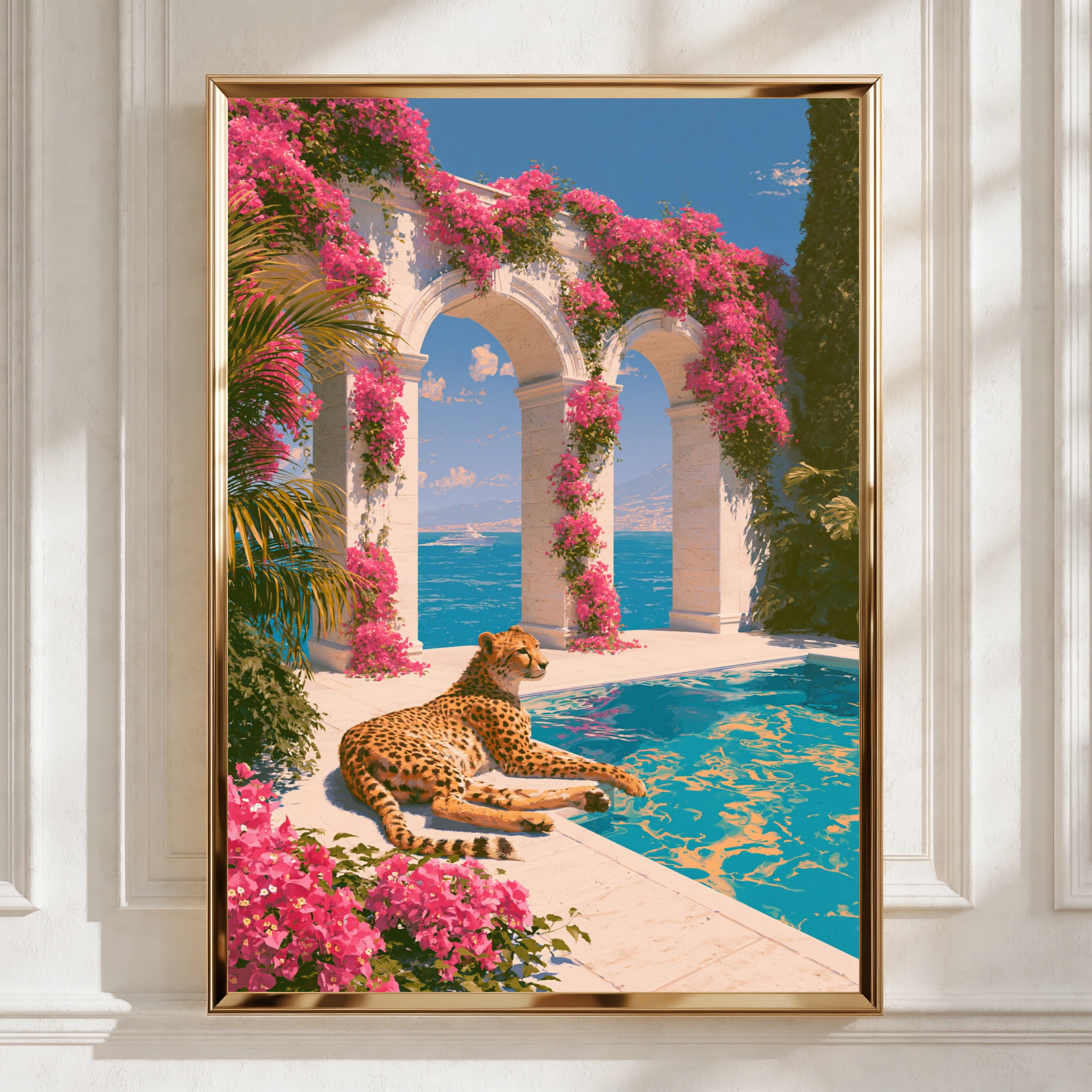 Cheetah Poolside Bougainvillea Arches Poster, Mediterranean Wall Art Print