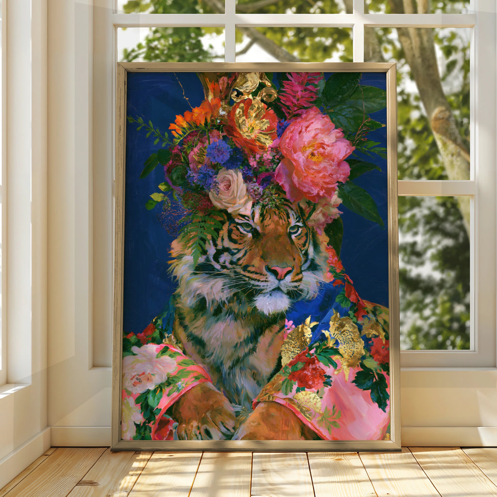 Tiger Floral Crown Poster, Bold Botanical Animal Art Print, Maximalist Wall Art