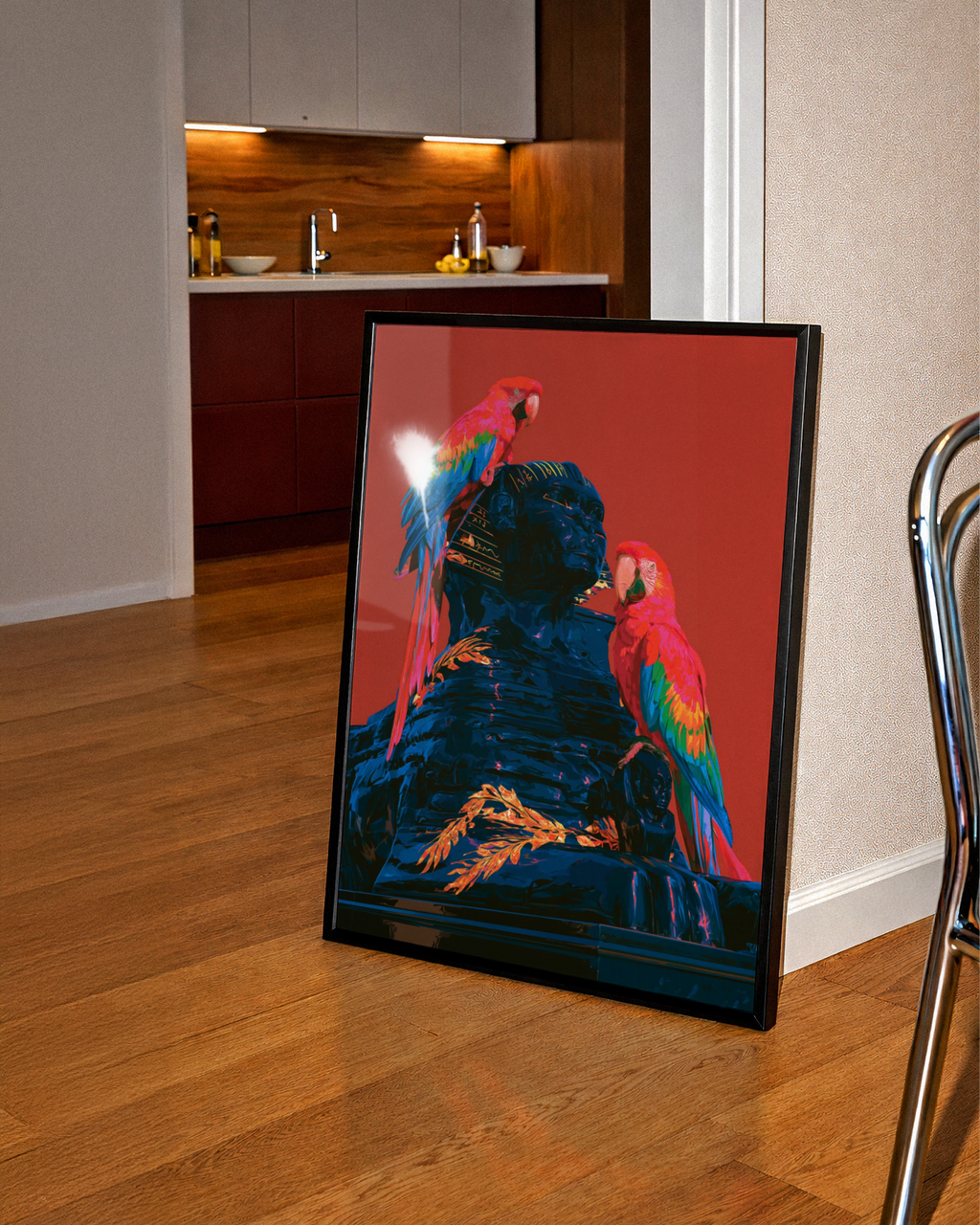 Parrots on Sphinx Statue Wall Art Poster, Bold Red Tropical Bird Print
