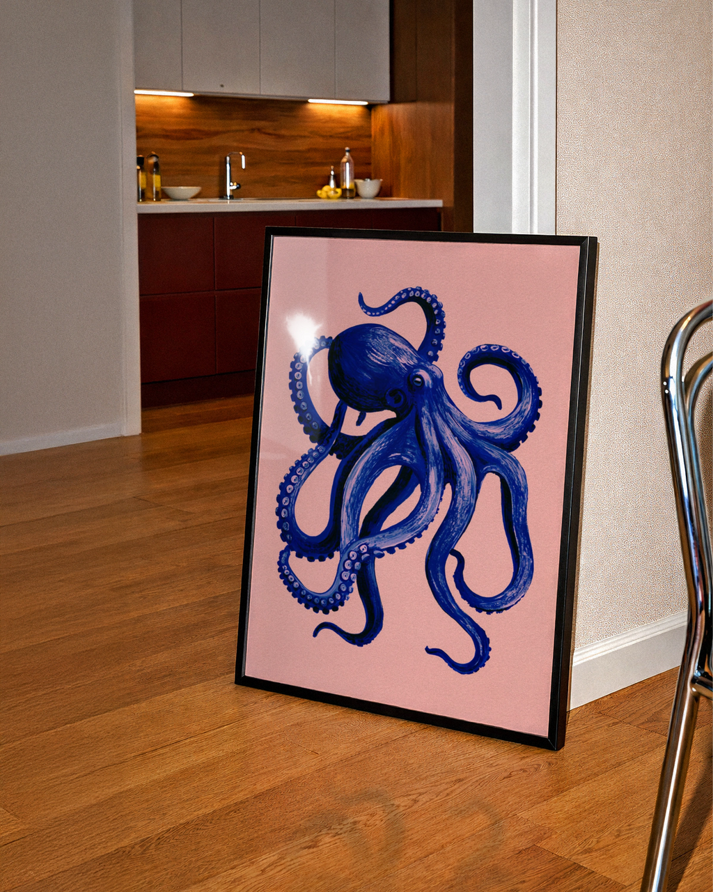 Blue Octopus Poster, Navy & Pink Wall Art, Bold Sea Creature Print